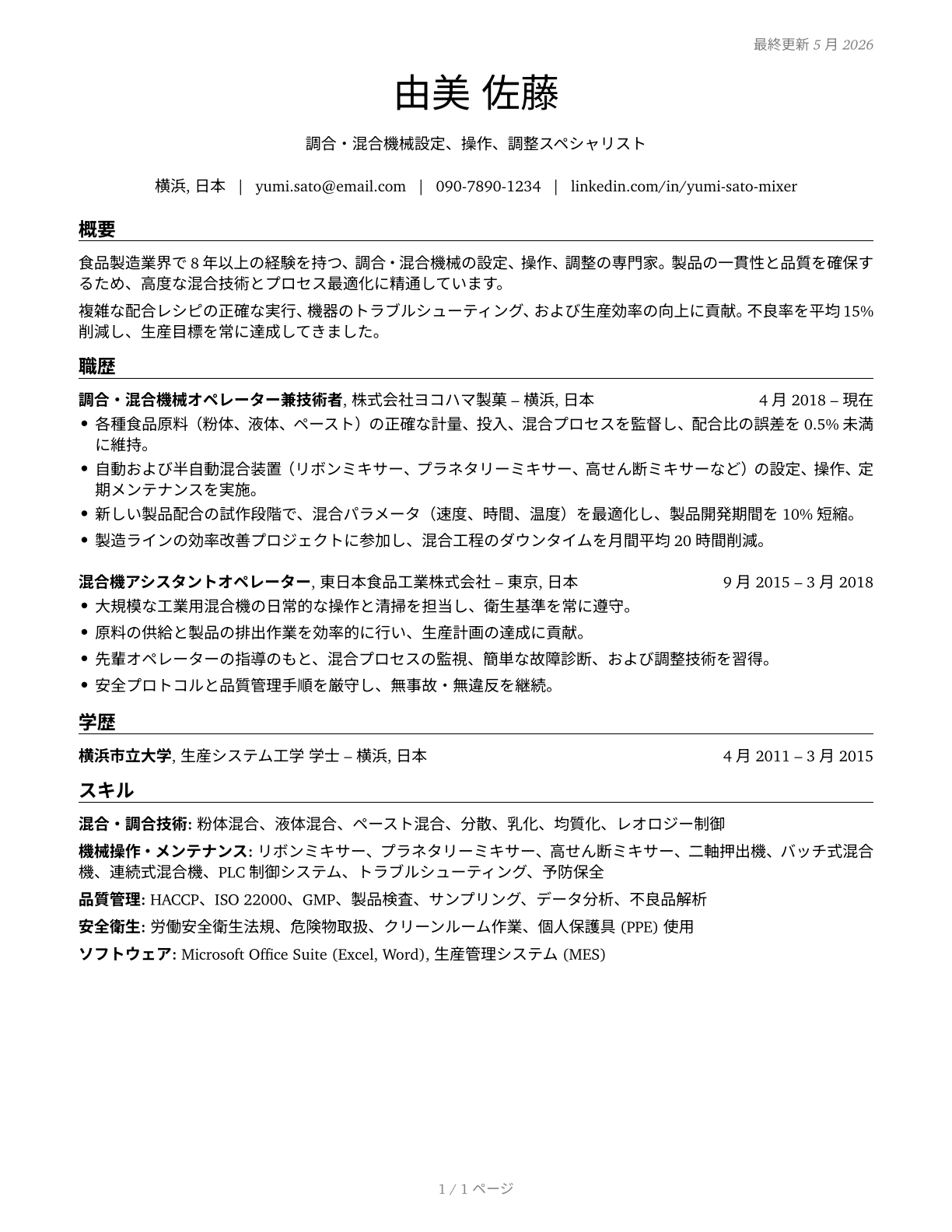 Mixing and Blending Machine Setters, Operators, and Tenders CV in Japanese — page 1
