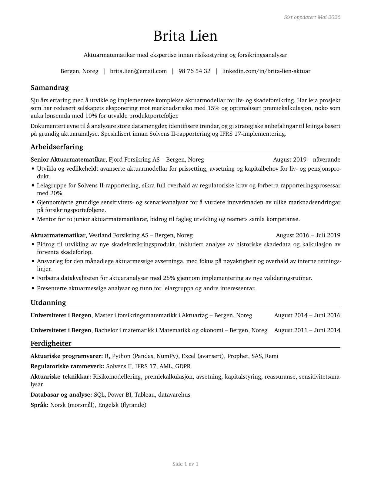 Actuaries CV in Norwegian_nynorsk — page 1