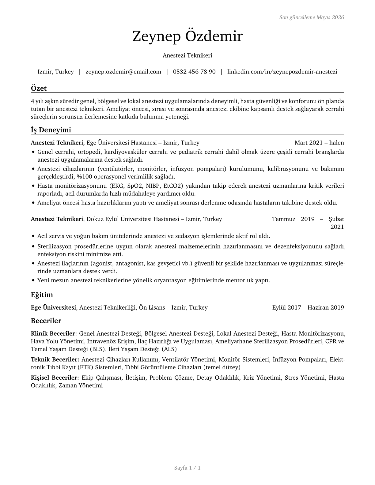 Anesthesiologist Assistants CV in Turkish — page 1