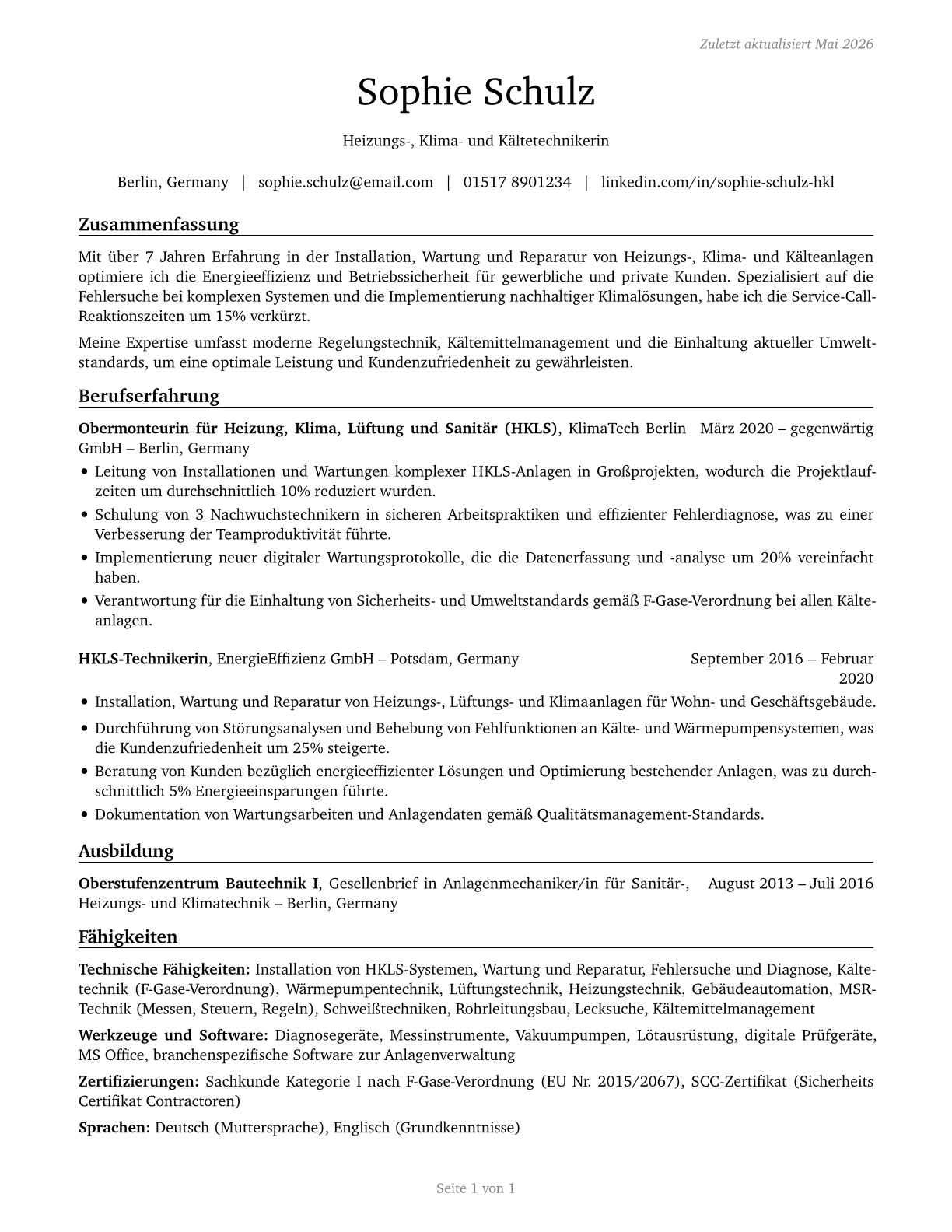Heating, Air Conditioning, and Refrigeration Mechanics and Installers CV in German — page 1