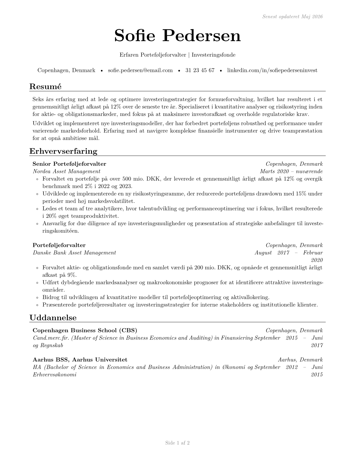 Investment Fund Managers CV in Danish — page 1