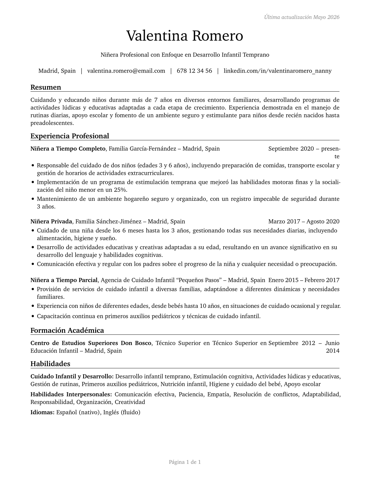 Nannies CV in Spanish — page 1