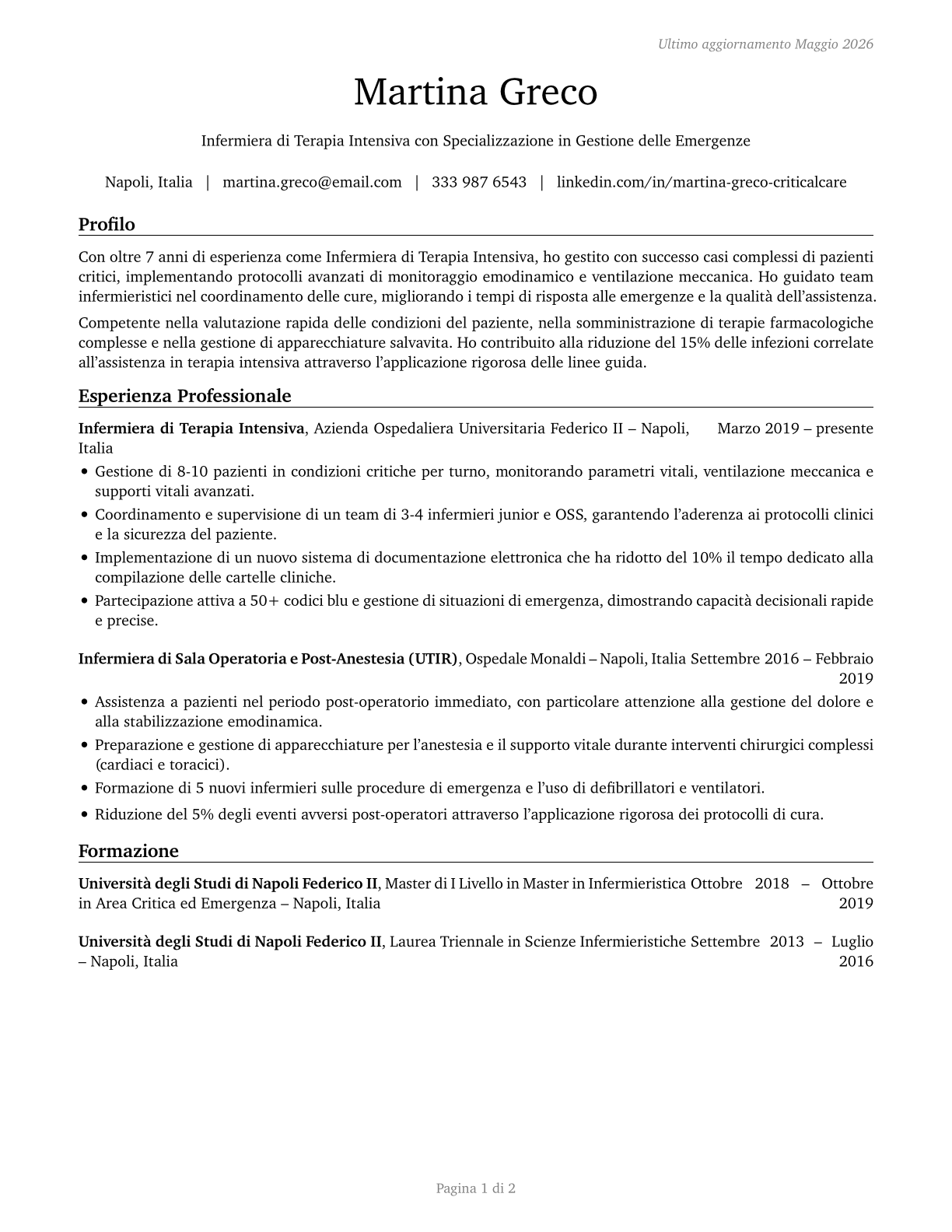 Critical Care Nurses CV in Italian — page 1