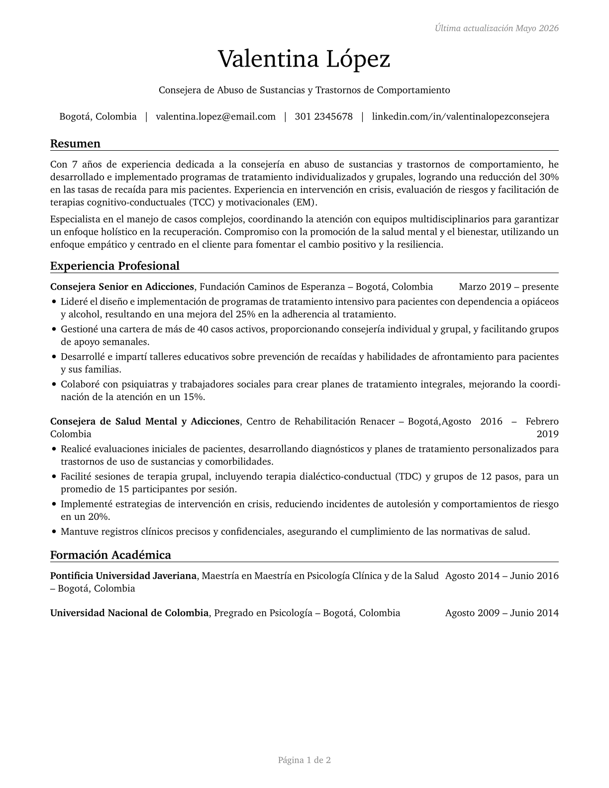 Substance Abuse and Behavioral Disorder Counselors CV in Spanish — page 1