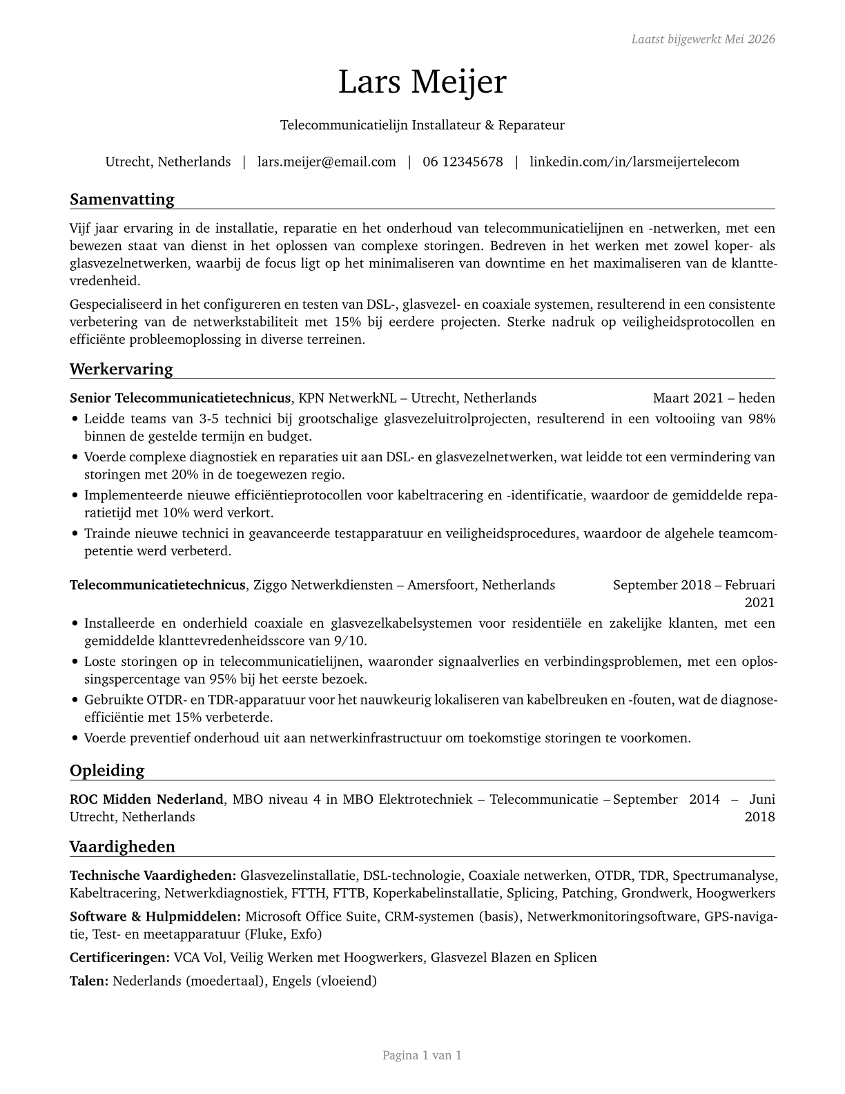 Telecommunications Line Installers and Repairers CV in Dutch — page 1