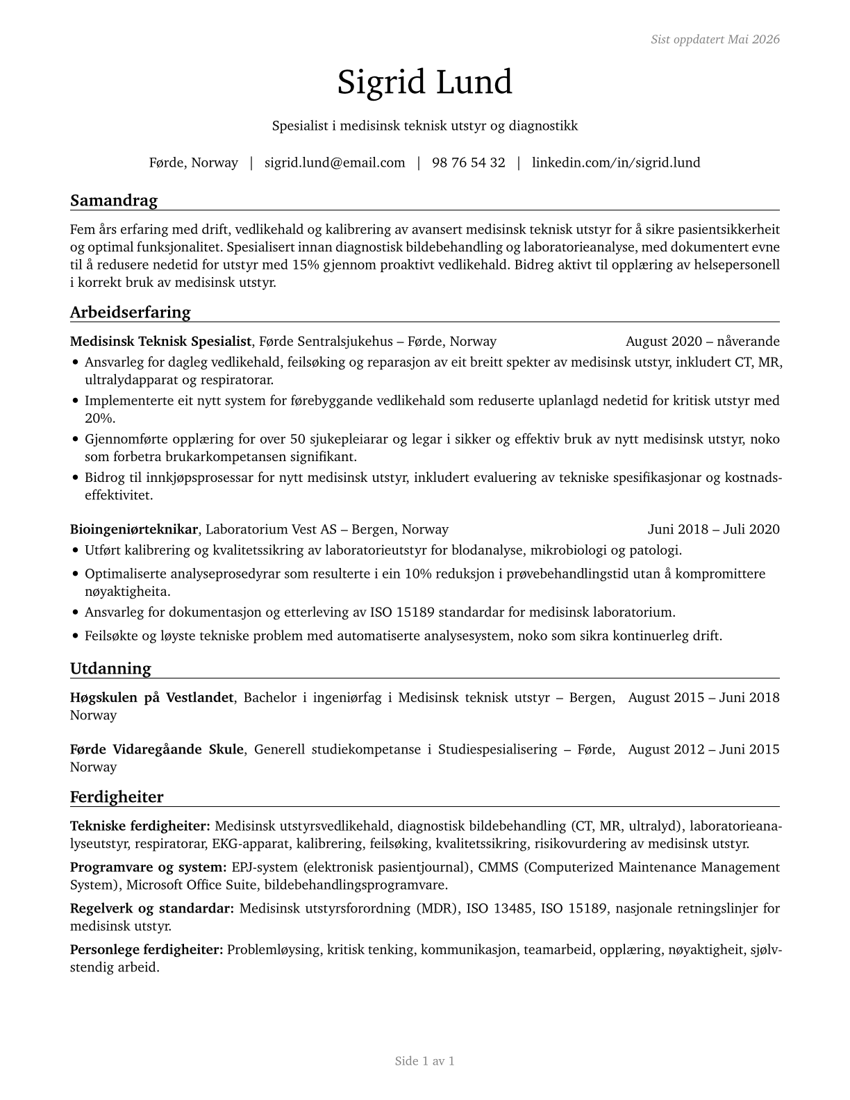 Healthcare Practitioners and Technical Workers, All Other CV in Norwegian_nynorsk — page 1