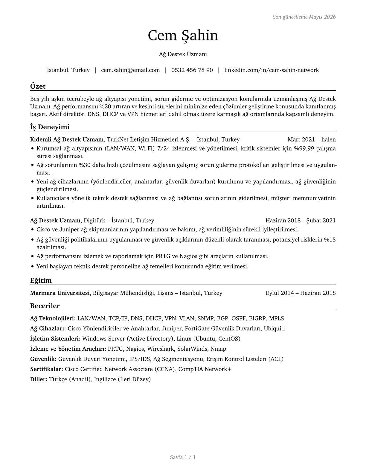 Computer Network Support Specialists CV in Turkish — page 1