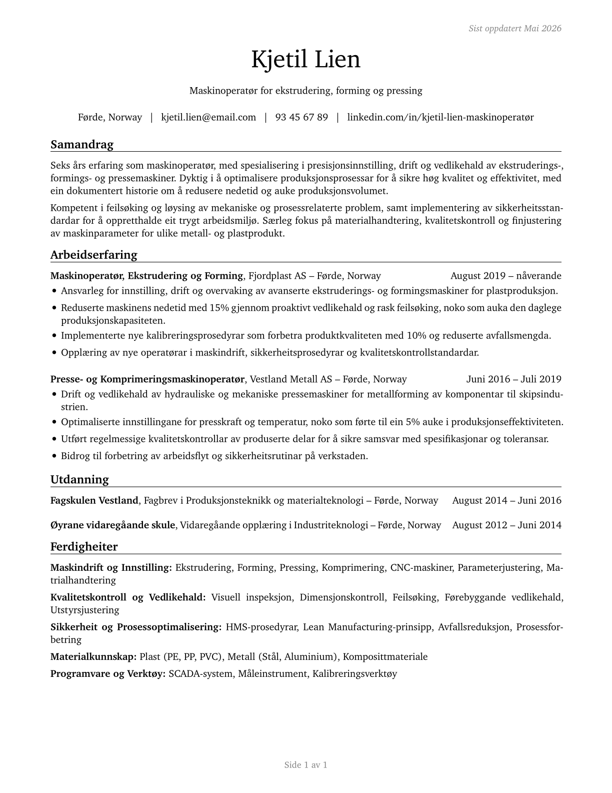 Extruding, Forming, Pressing, and Compacting Machine Setters, Operators, and Tenders CV in Norwegian_nynorsk — page 1