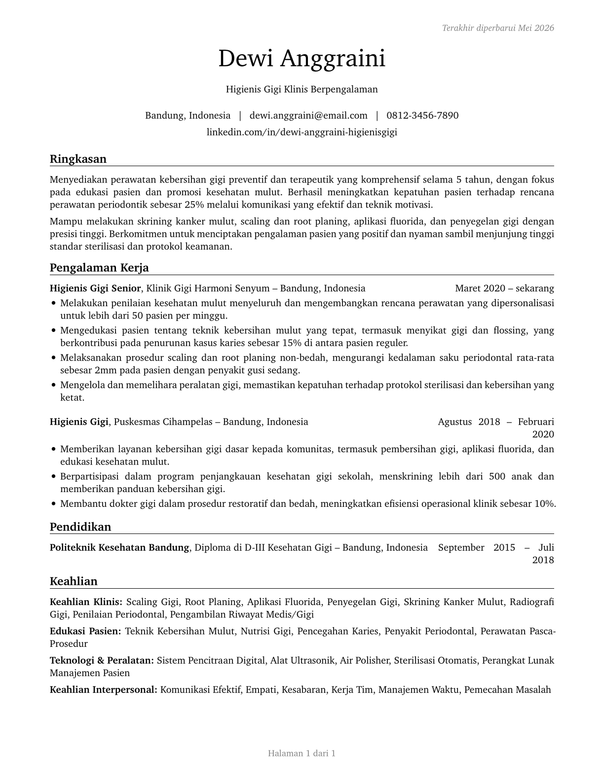 Dental Hygienists CV in Indonesian — page 1