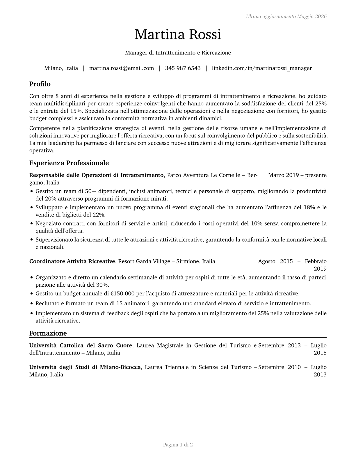 Entertainment and Recreation Managers, Except Gambling CV in Italian — page 1