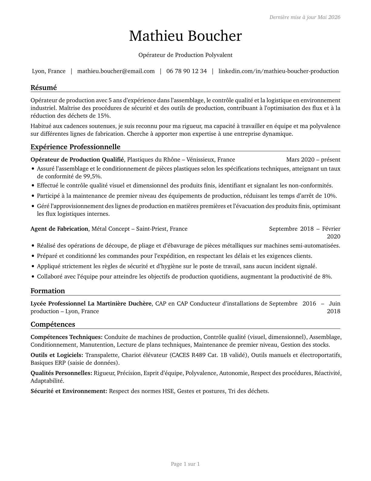 Helpers--Production Workers CV in French — page 1