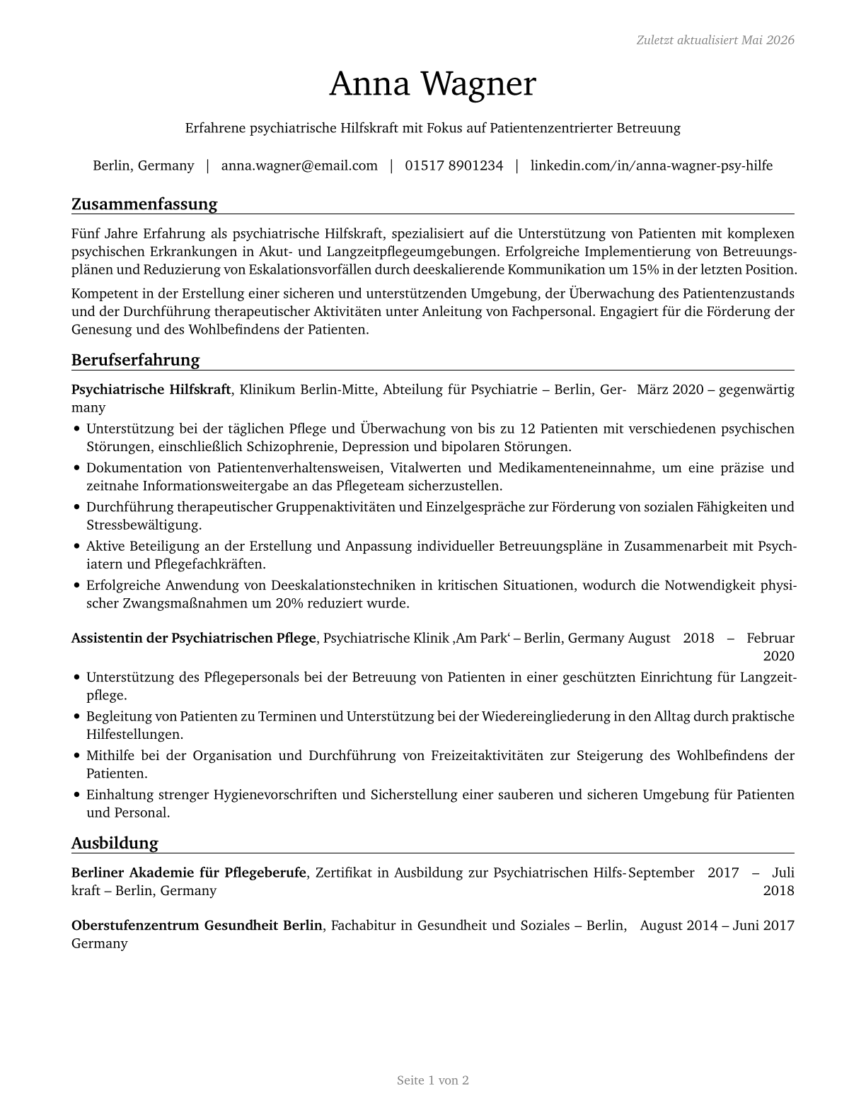 Psychiatric Aides CV in German — page 1