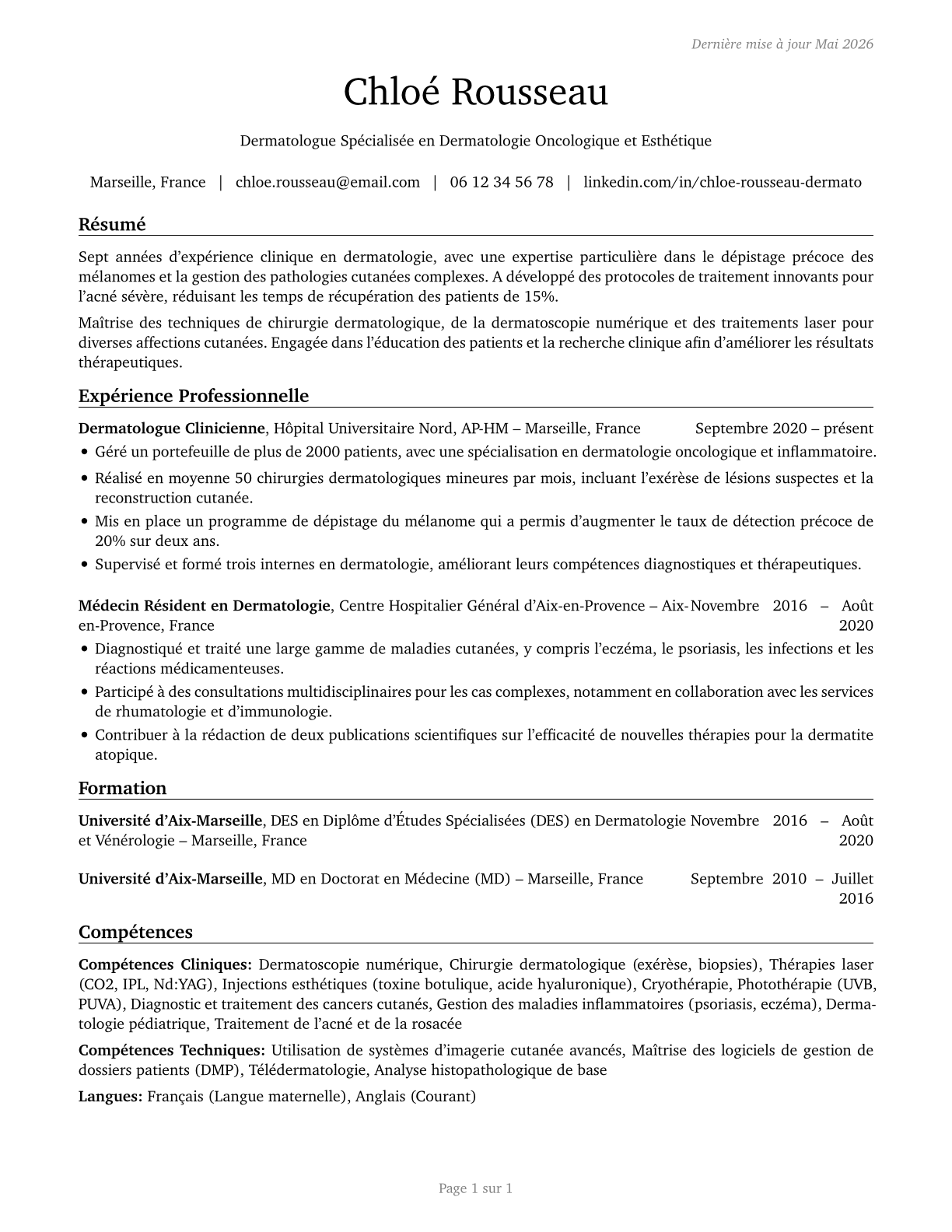 Dermatologists CV in French — page 1