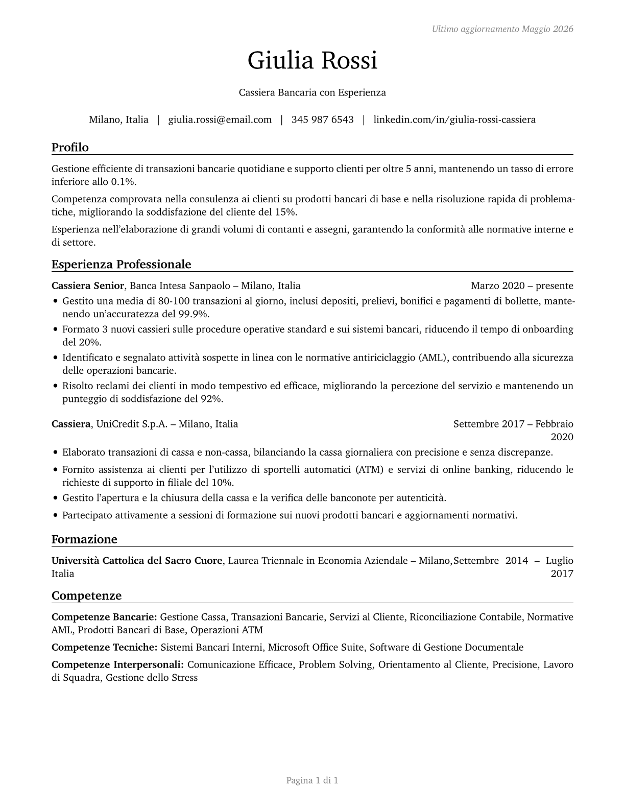 Tellers CV in Italian — page 1