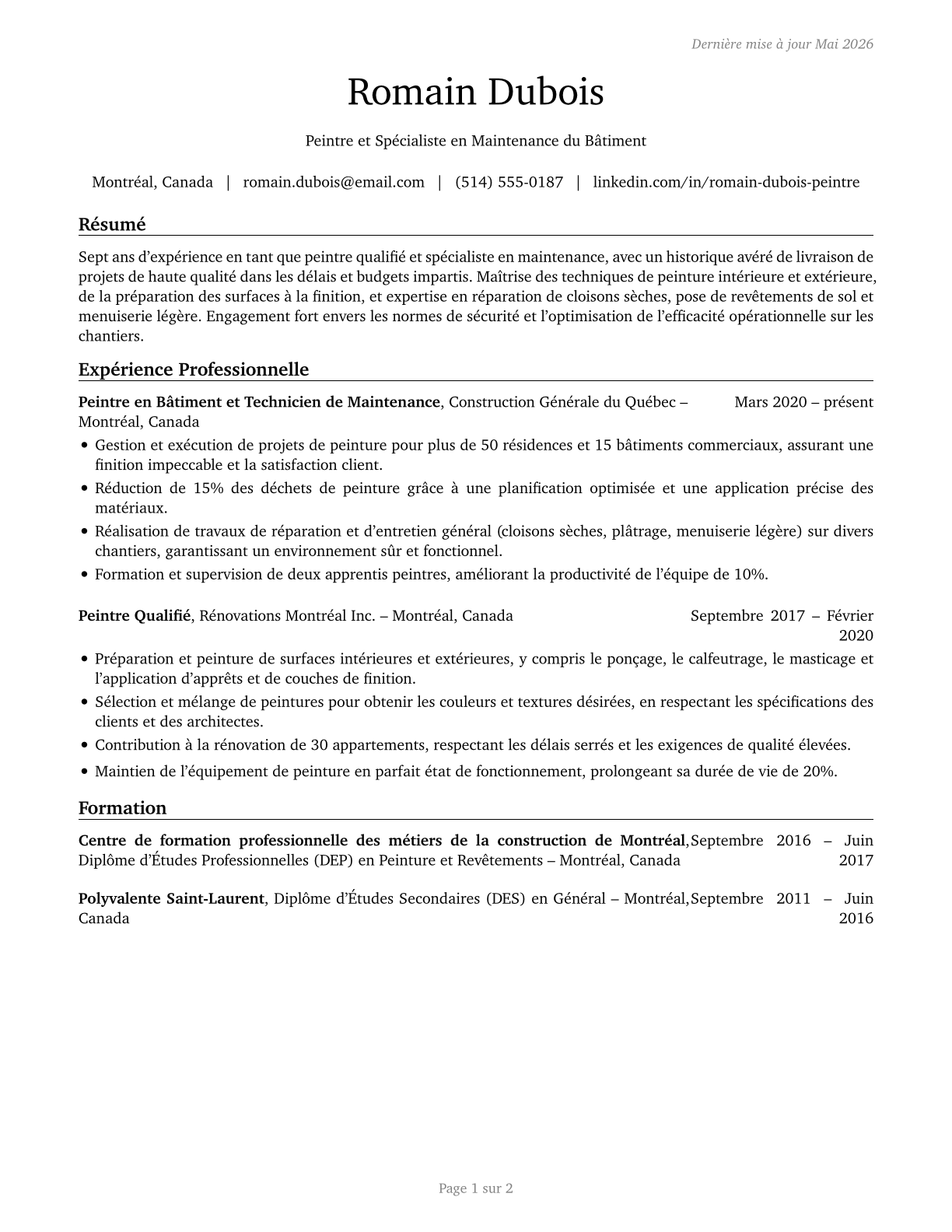 Painters, Construction and Maintenance CV in French — page 1