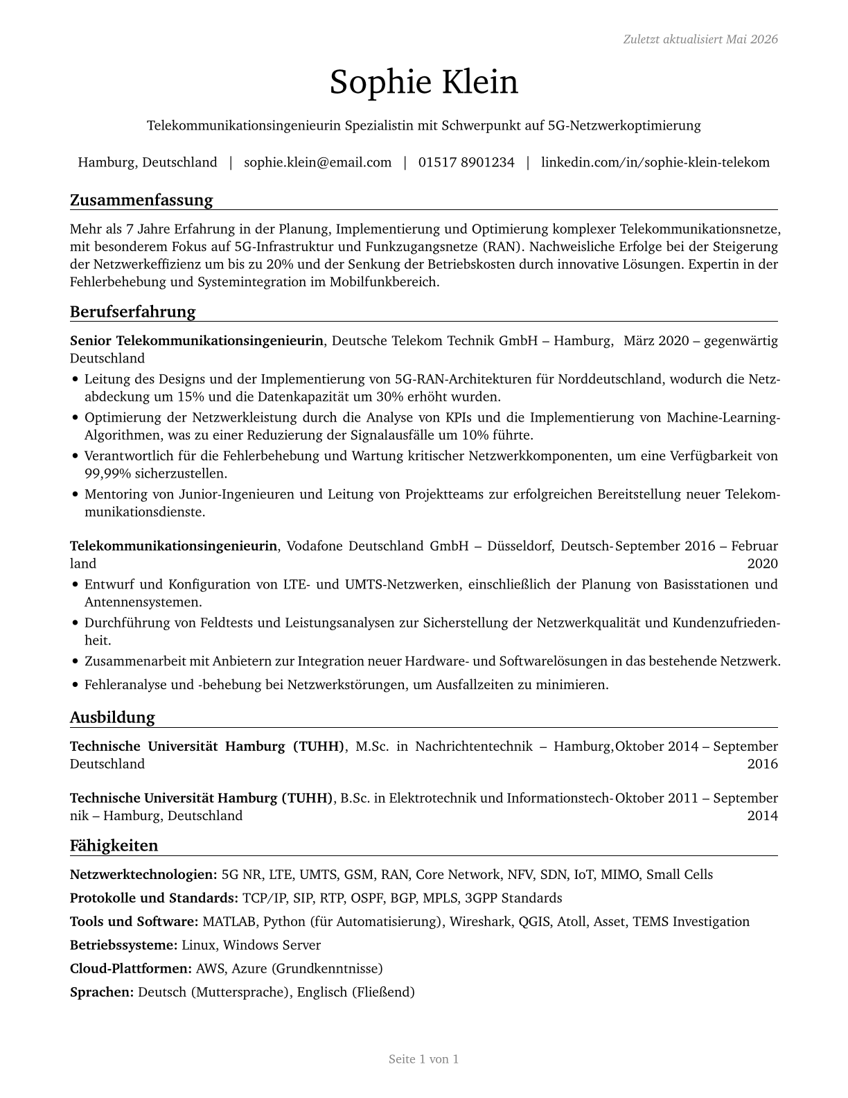 Telecommunications Engineering Specialists CV in German — page 1