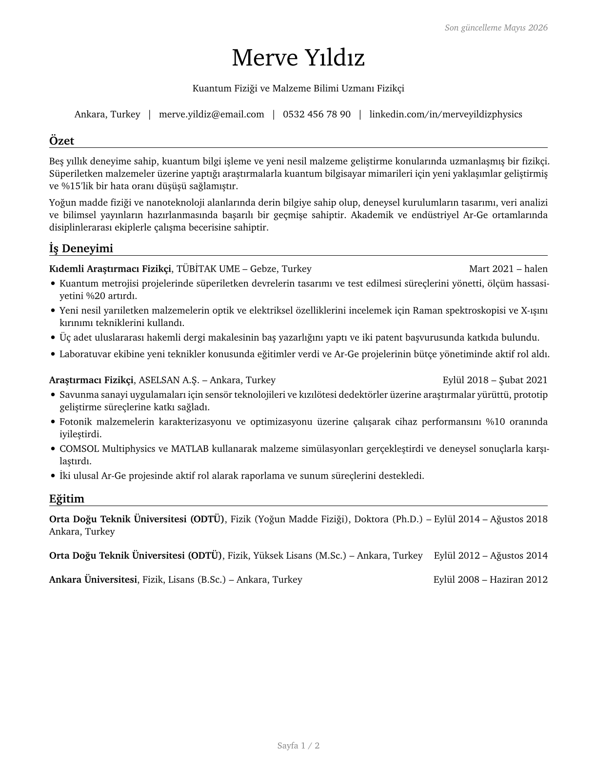 Physicists CV in Turkish — page 1
