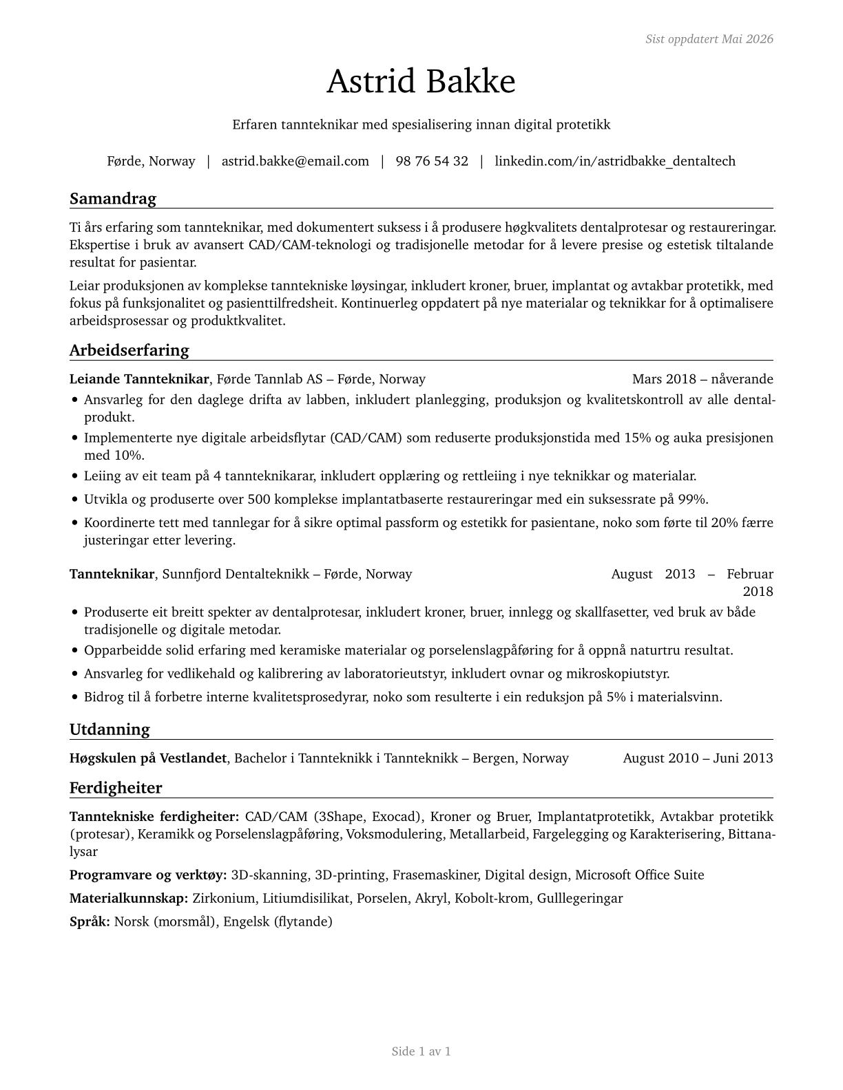Dental Laboratory Technicians CV in Norwegian_nynorsk — page 1