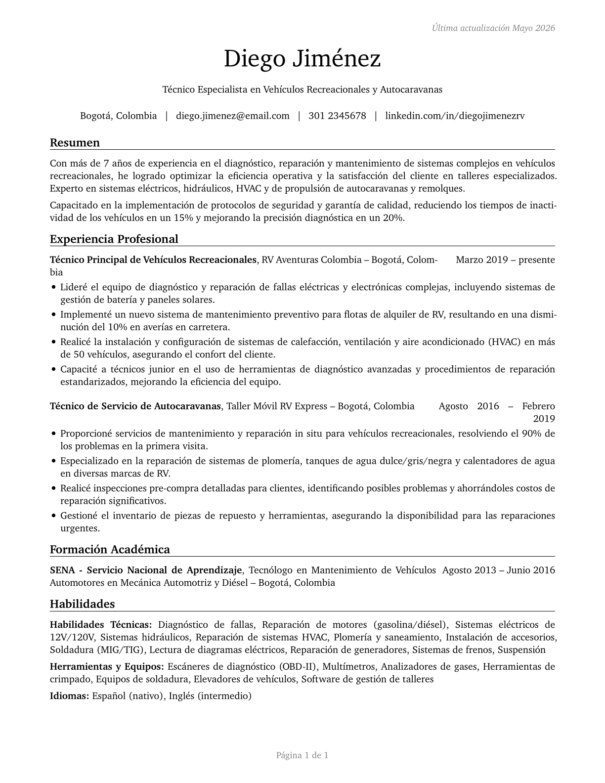 Recreational Vehicle Service Technicians CV in Spanish — page 1