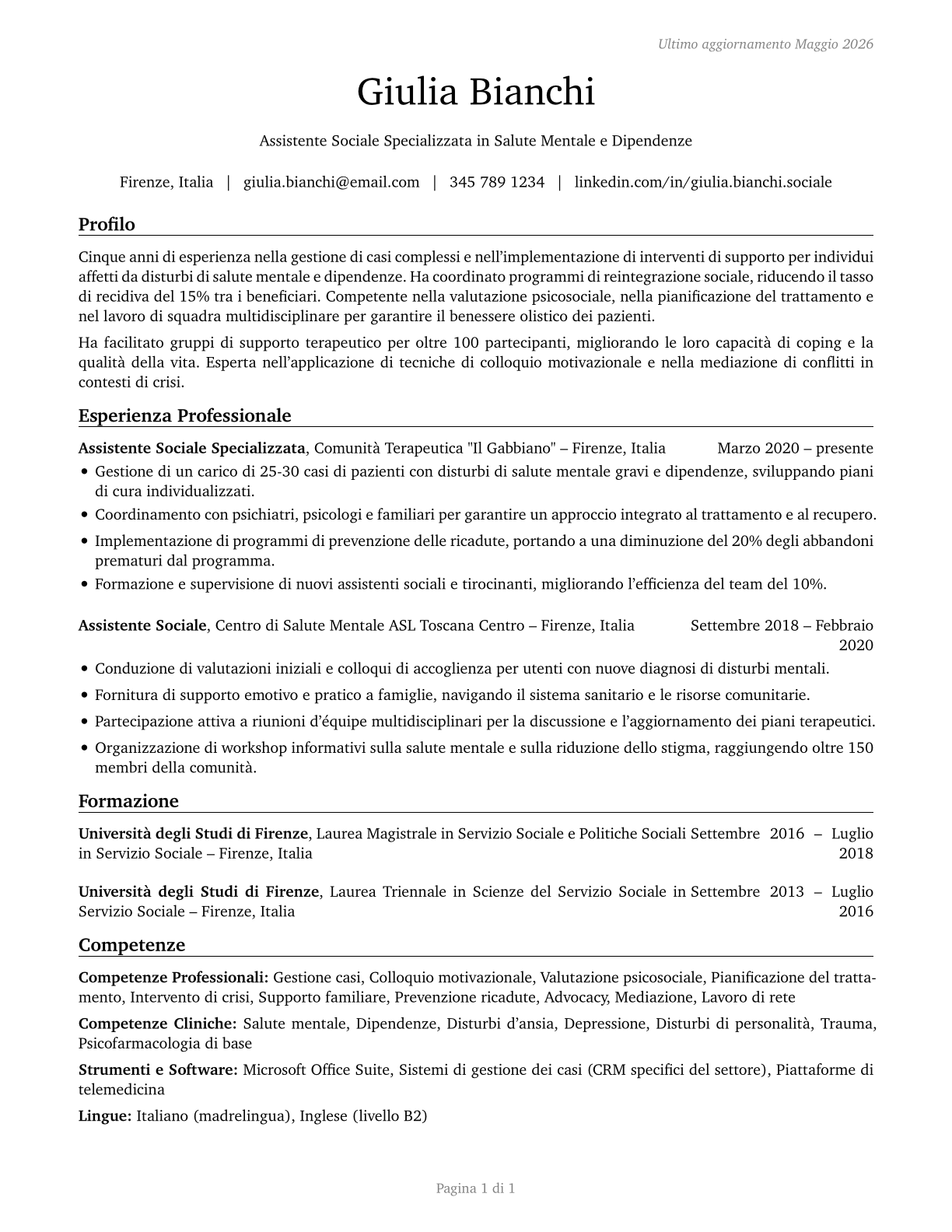 Mental Health and Substance Abuse Social Workers CV in Italian — page 1