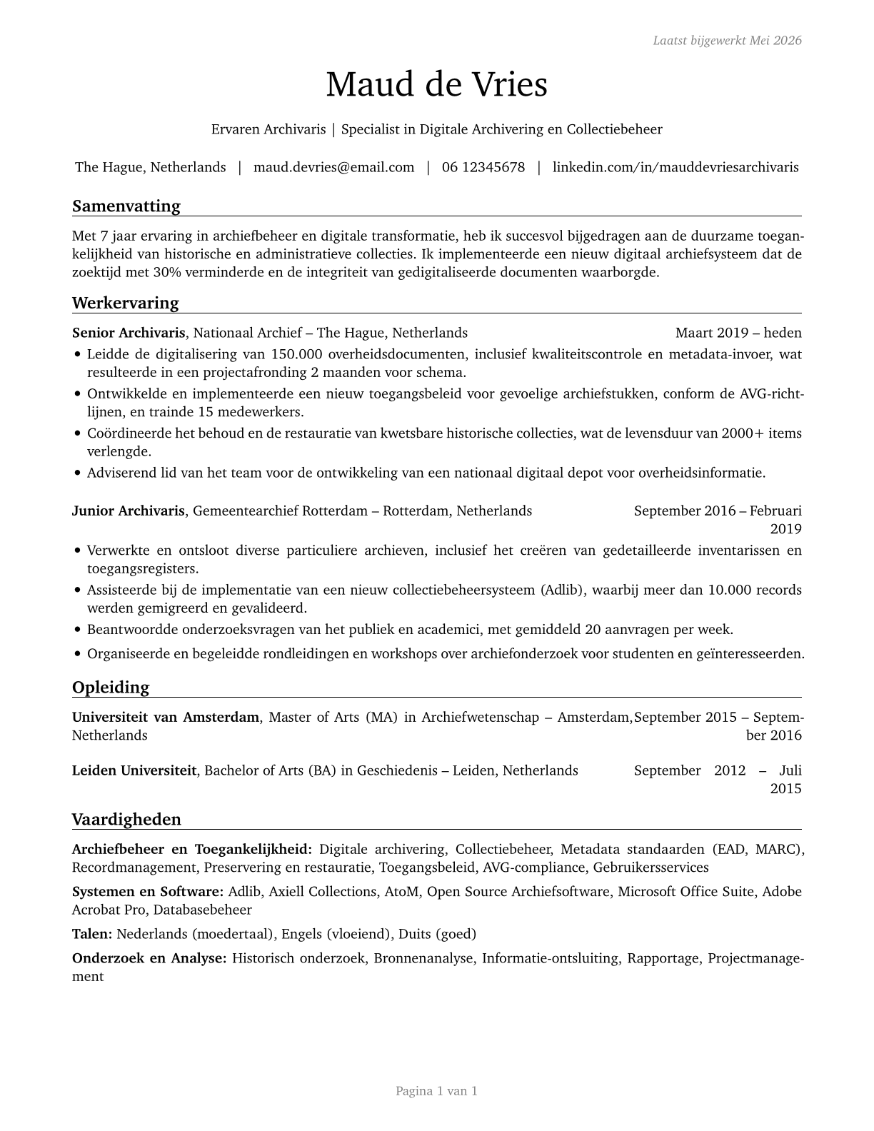 Archivists CV in Dutch — page 1