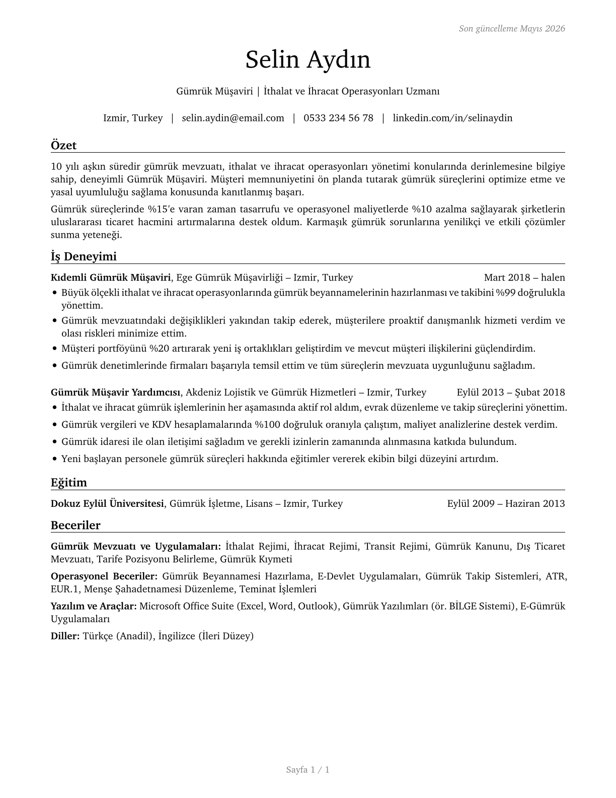 Customs Brokers CV in Turkish — page 1
