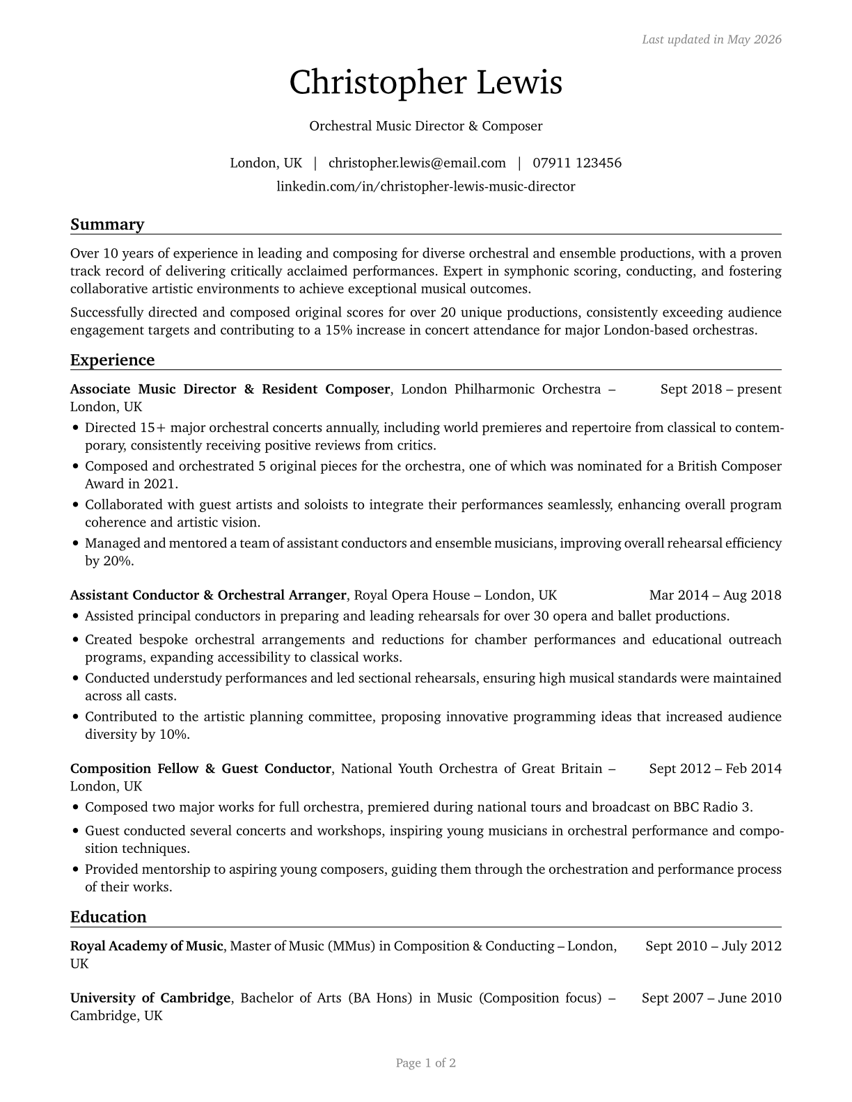 Music Directors and Composers CV in English — page 1