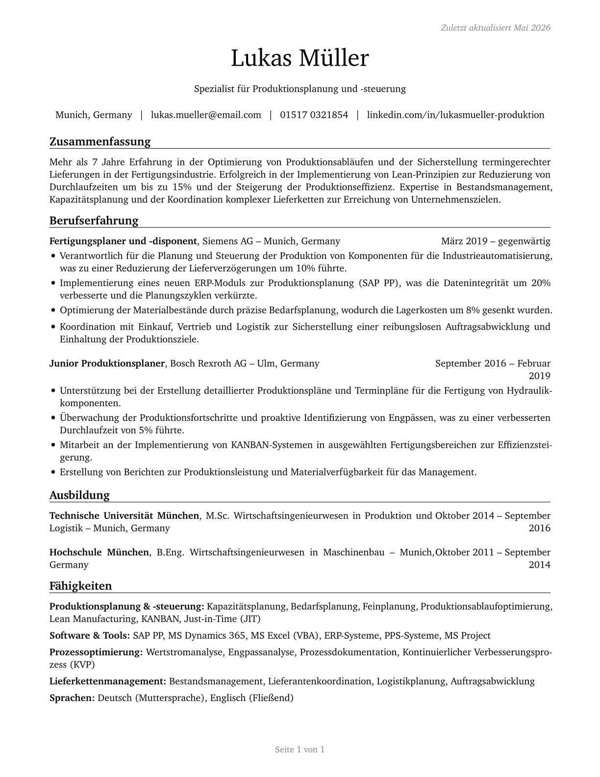 Production, Planning, and Expediting Clerks CV in German — page 1