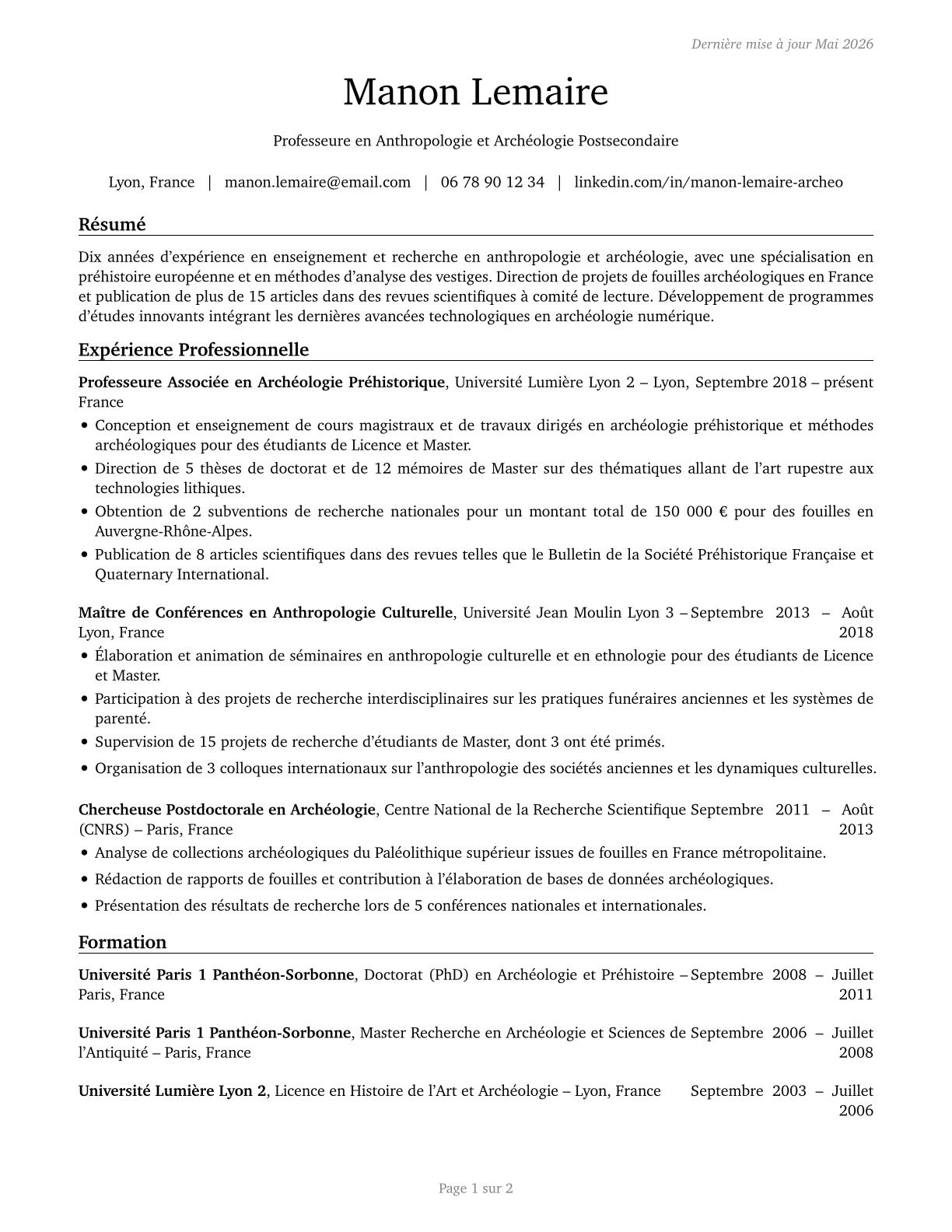 Anthropology and Archeology Teachers, Postsecondary CV in French — page 1
