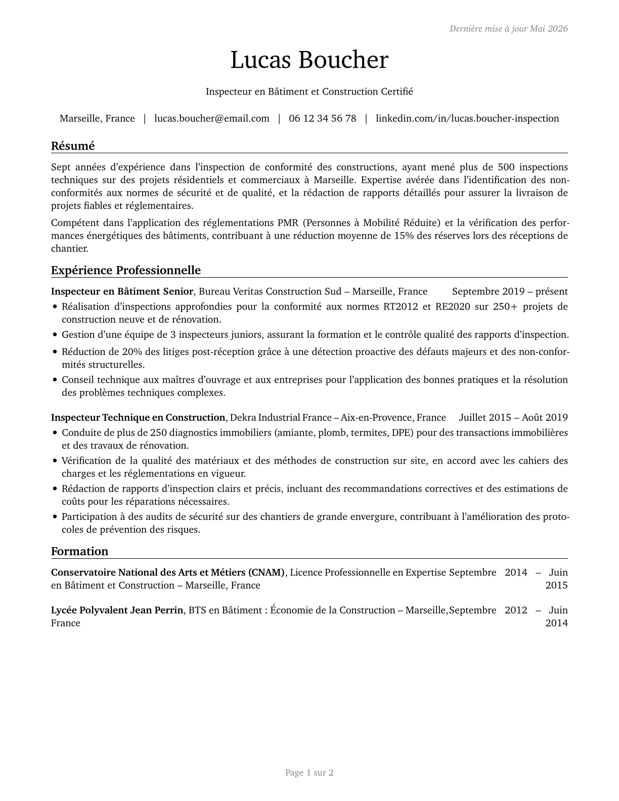 Construction and Building Inspectors CV in French — page 1