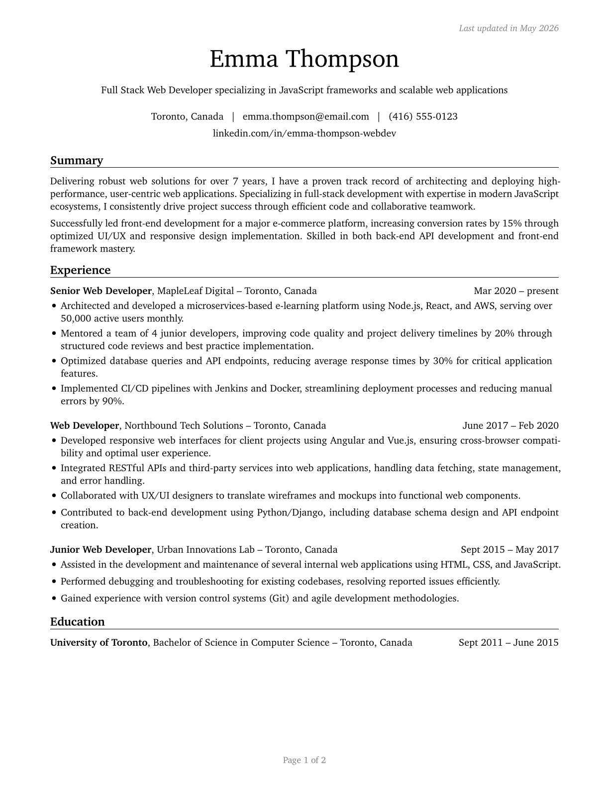 Web Developers CV in English — page 1