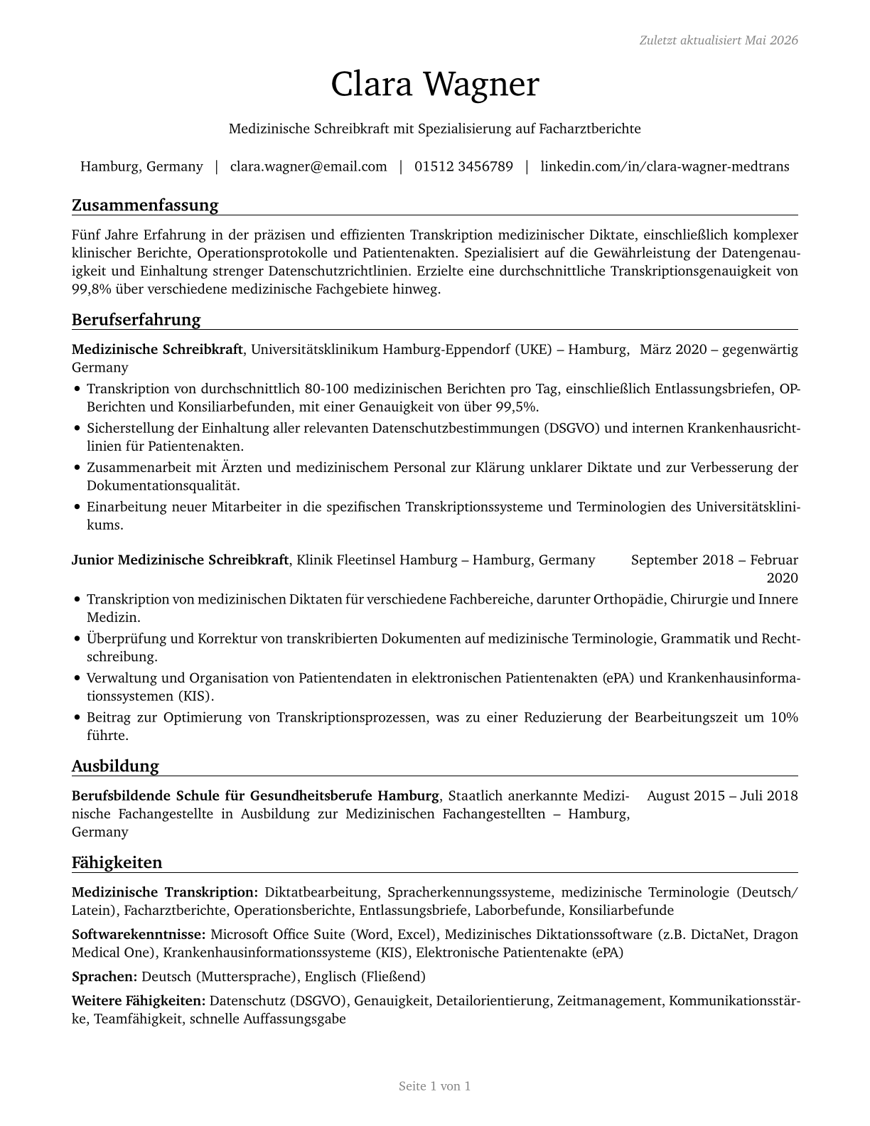 Medical Transcriptionists CV in German — page 1