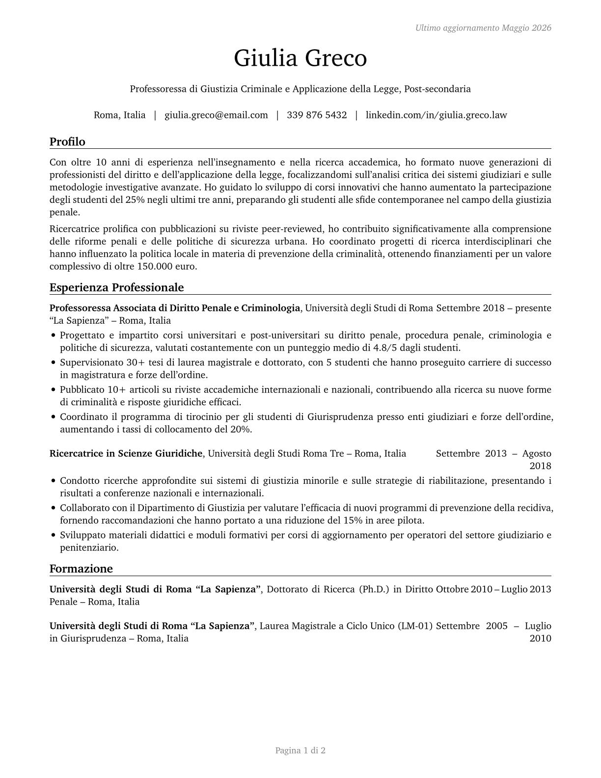 Criminal Justice and Law Enforcement Teachers, Postsecondary CV in Italian — page 1
