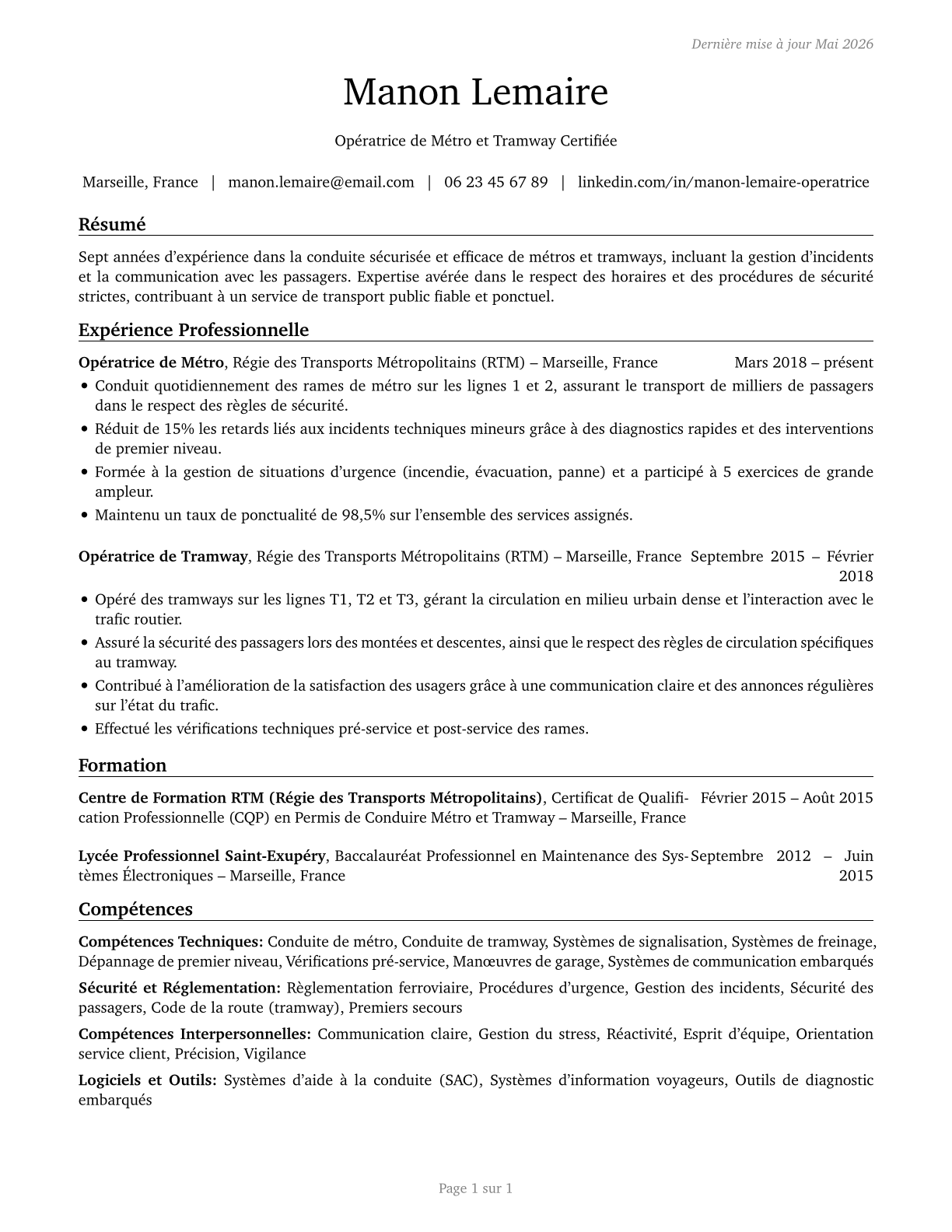 Subway and Streetcar Operators CV in French — page 1