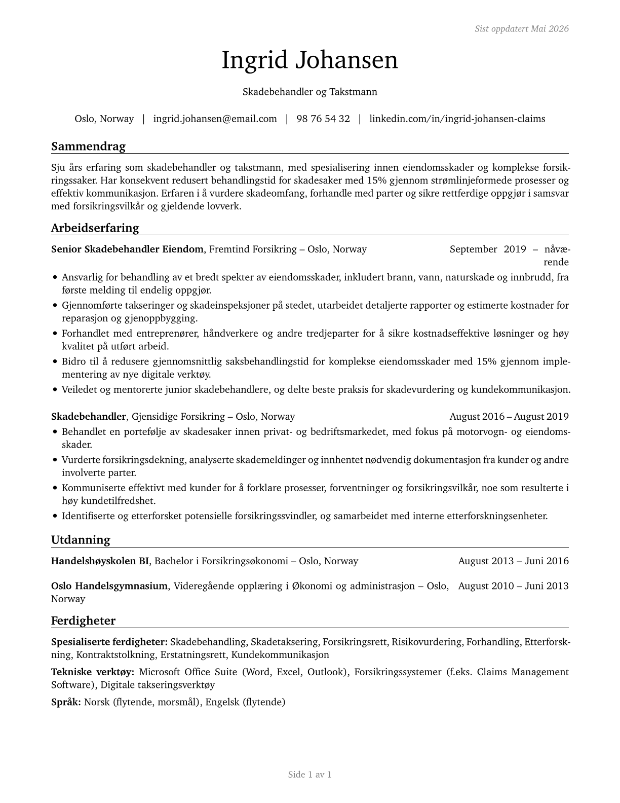 Claims Adjusters, Examiners, and Investigators CV in Norwegian_bokmal — page 1