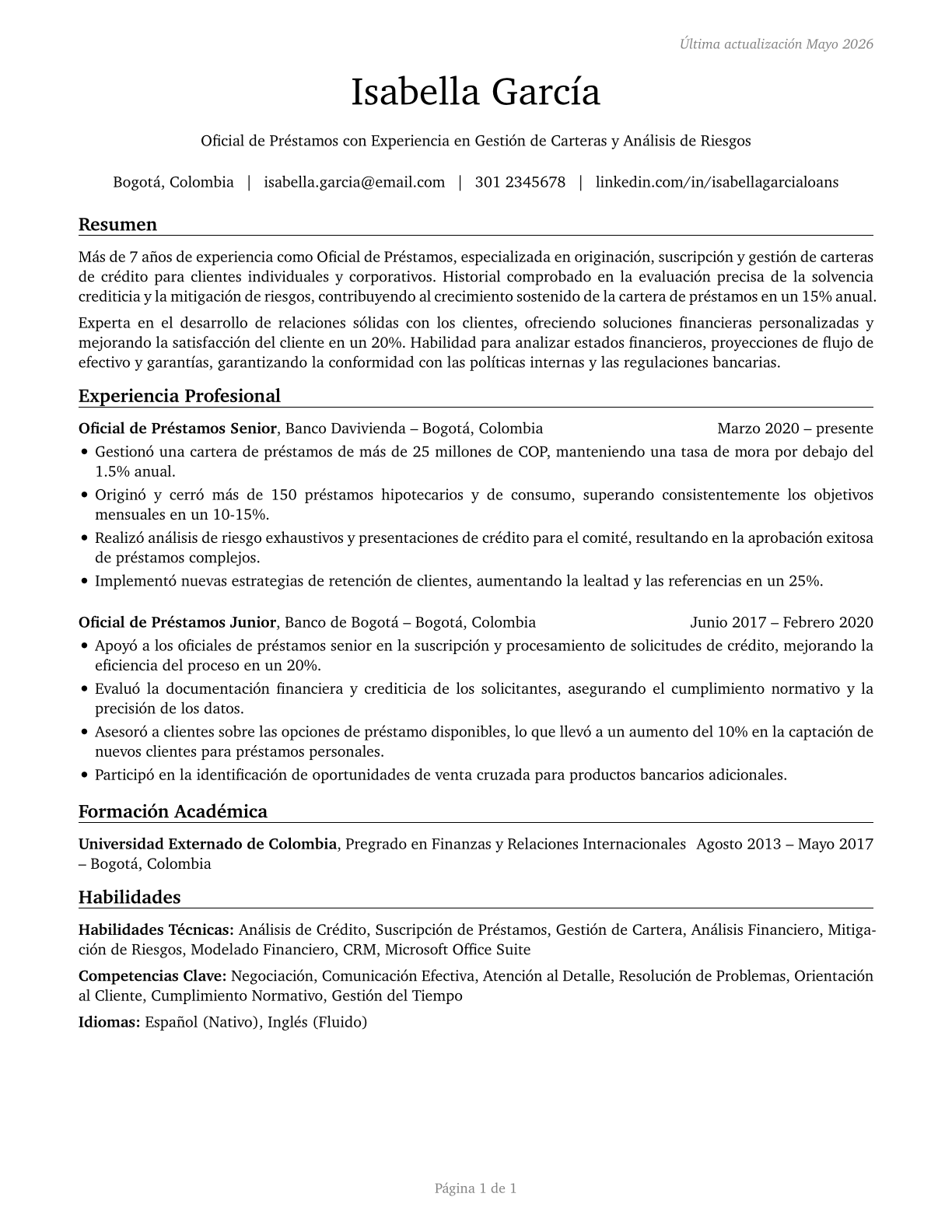 Loan Officers CV in Spanish — page 1