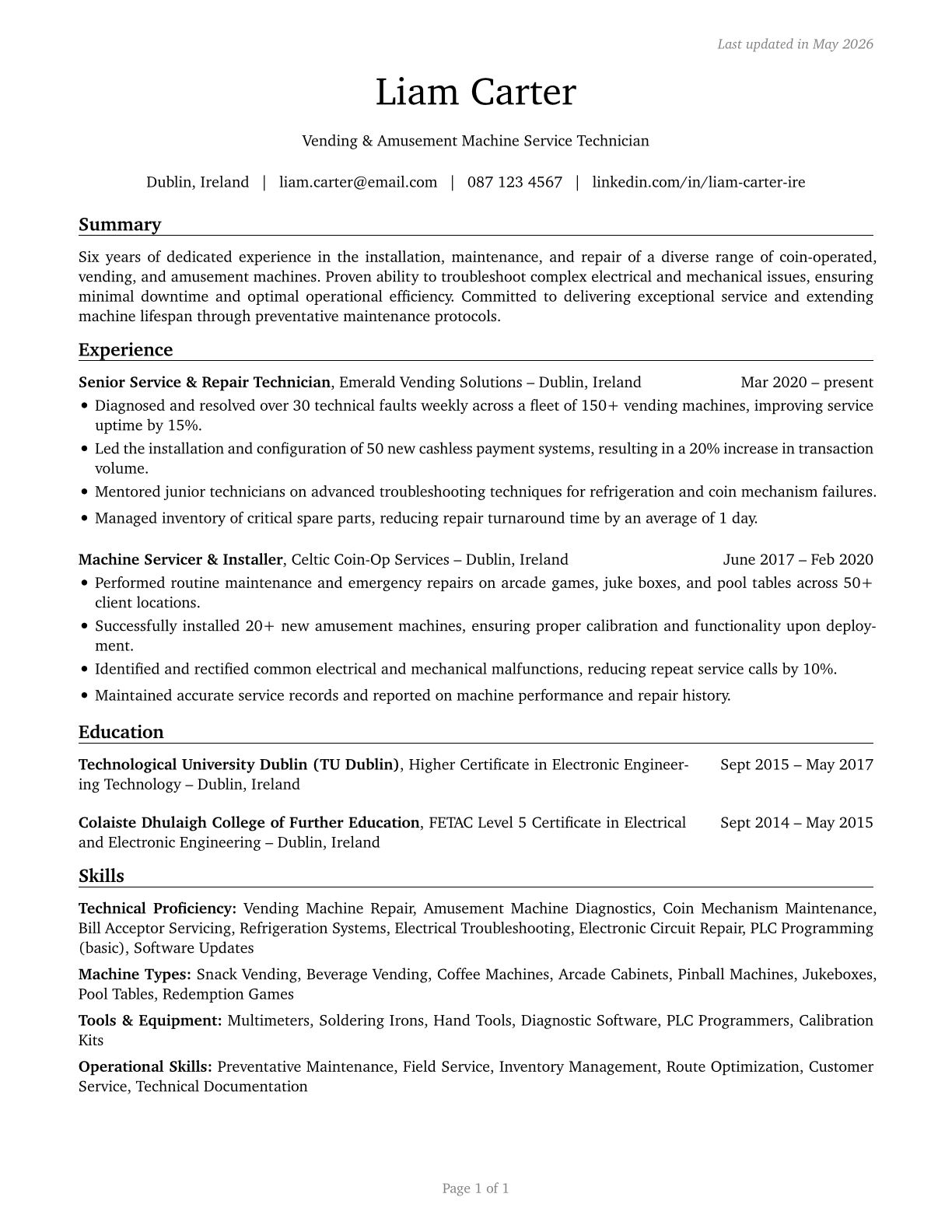 Coin, Vending, and Amusement Machine Servicers and Repairers CV in English — page 1