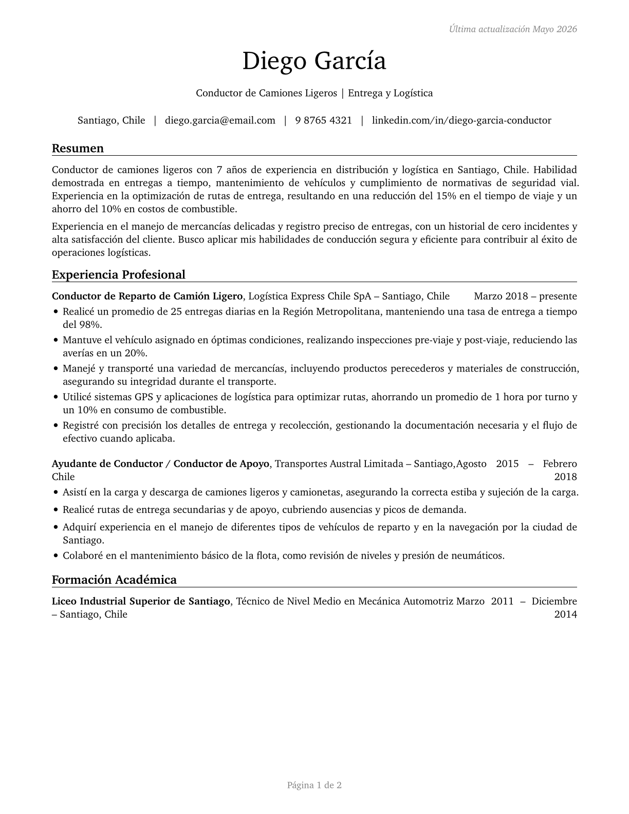 Light Truck Drivers CV in Spanish — page 1