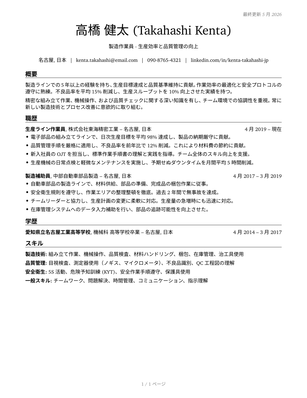 Helpers--Production Workers CV in Japanese — page 1