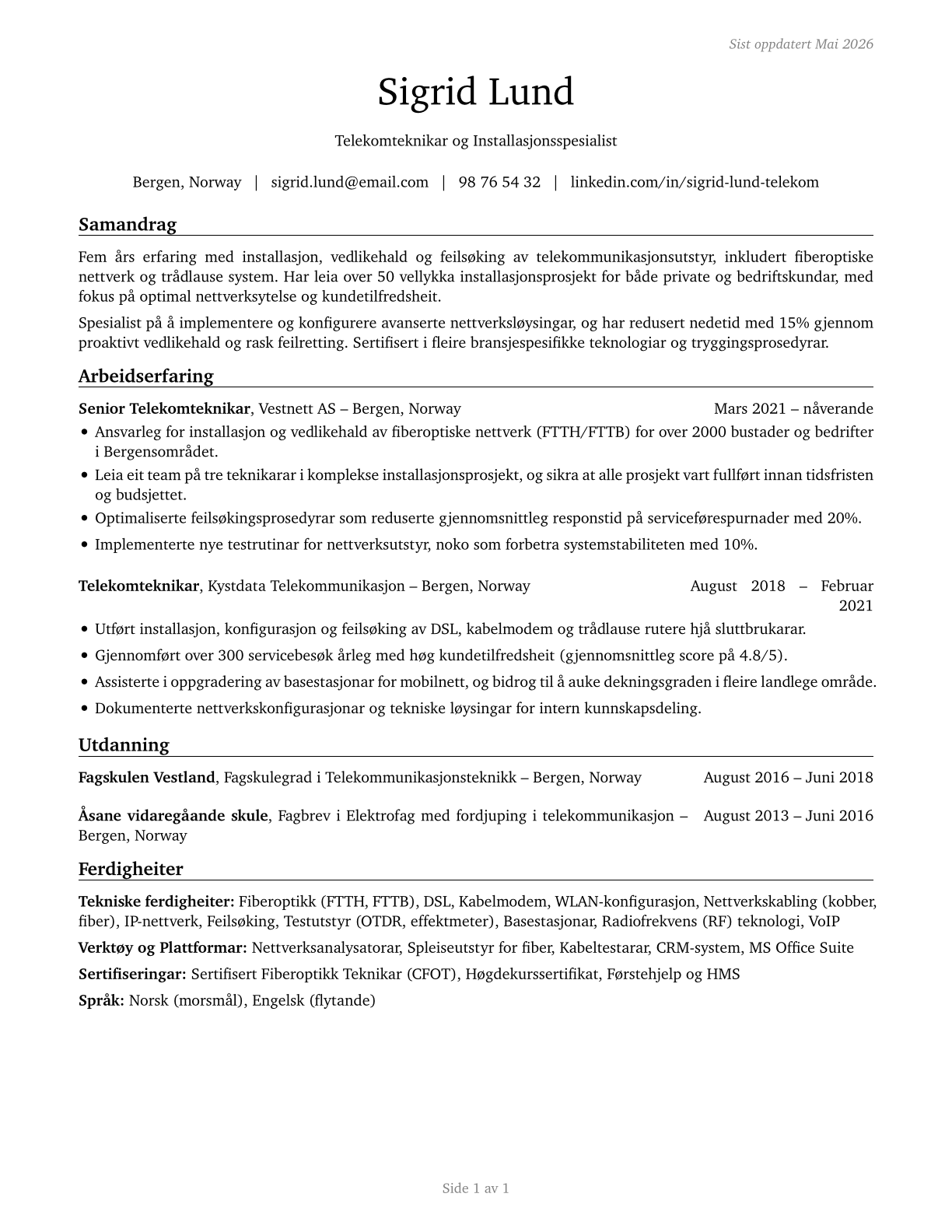 Telecommunications Equipment Installers and Repairers, Except Line Installers CV in Norwegian_nynorsk — page 1