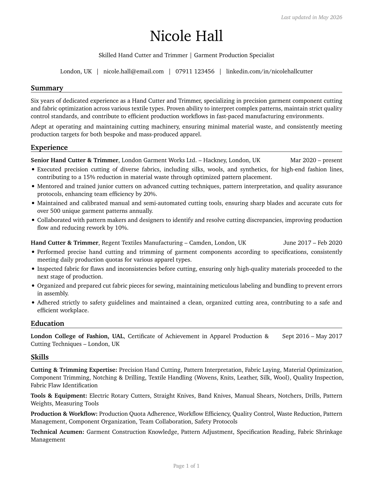 Cutters and Trimmers, Hand CV in English — page 1