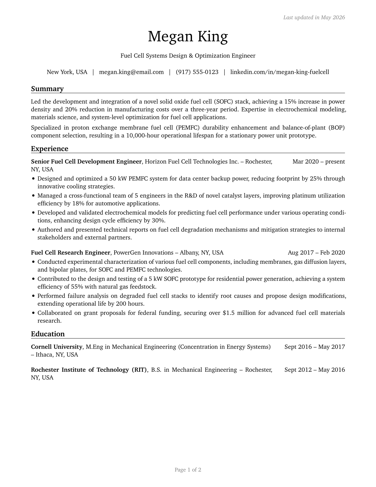 Fuel Cell Engineers CV in English — page 1
