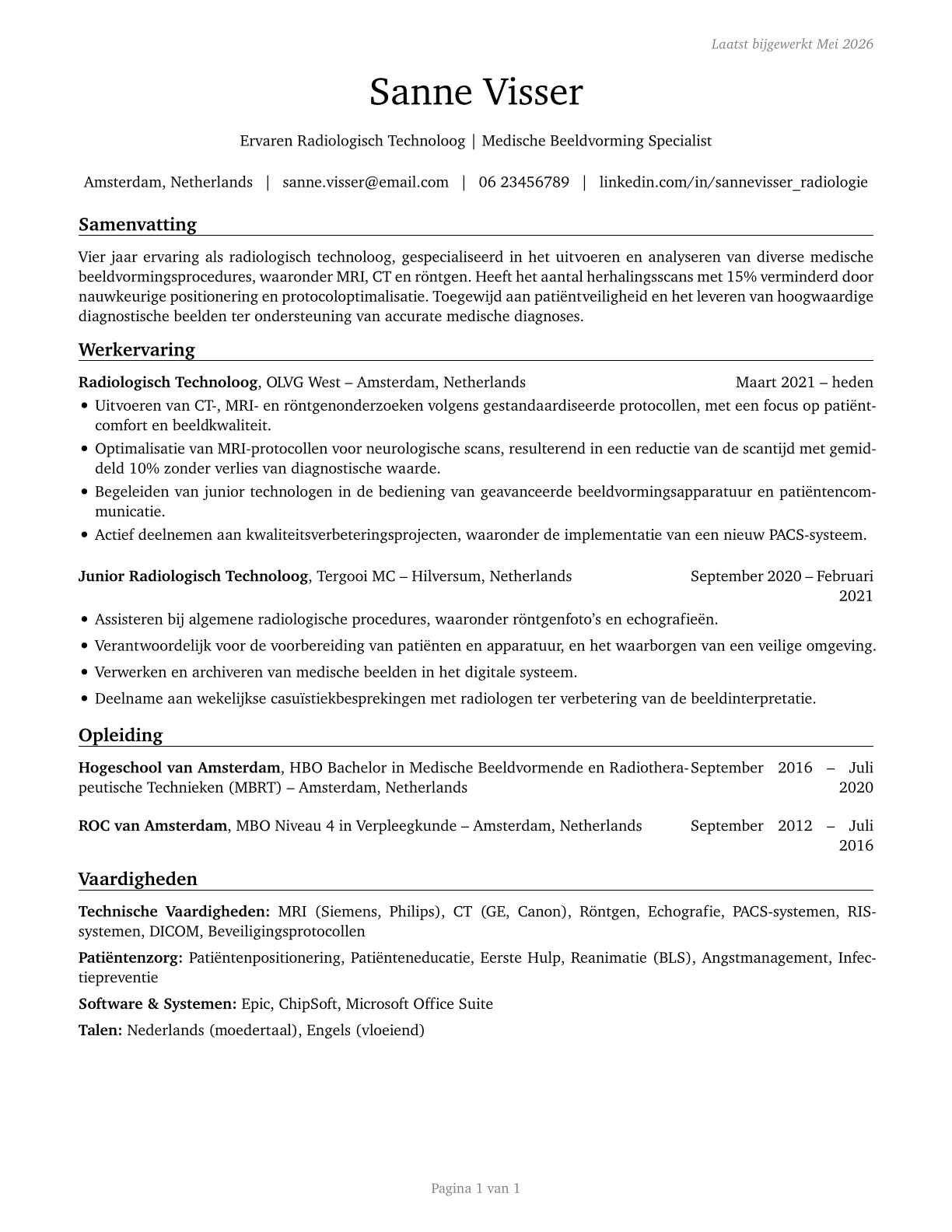 Radiologic Technologists and Technicians CV in Dutch — page 1