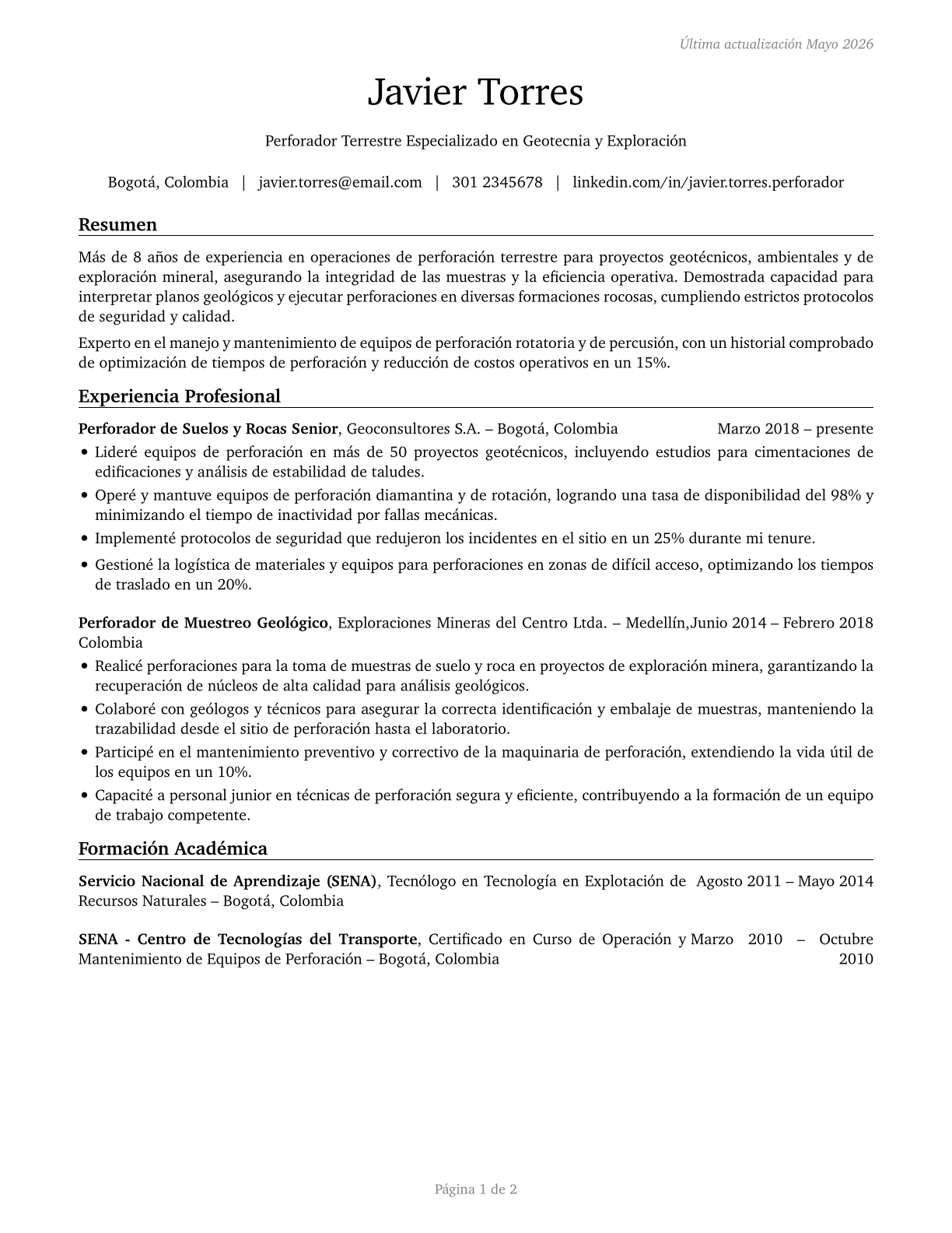 Earth Drillers, Except Oil and Gas CV in Spanish — page 1