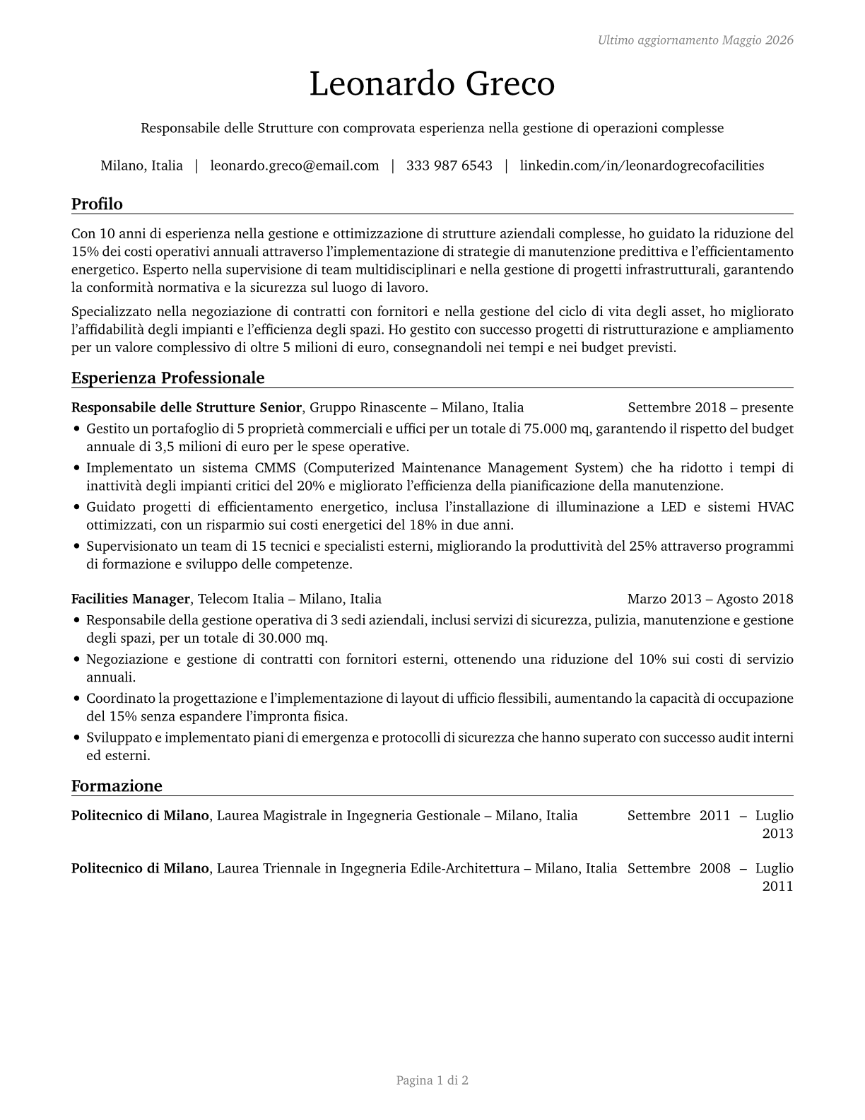 Facilities Managers CV in Italian — page 1