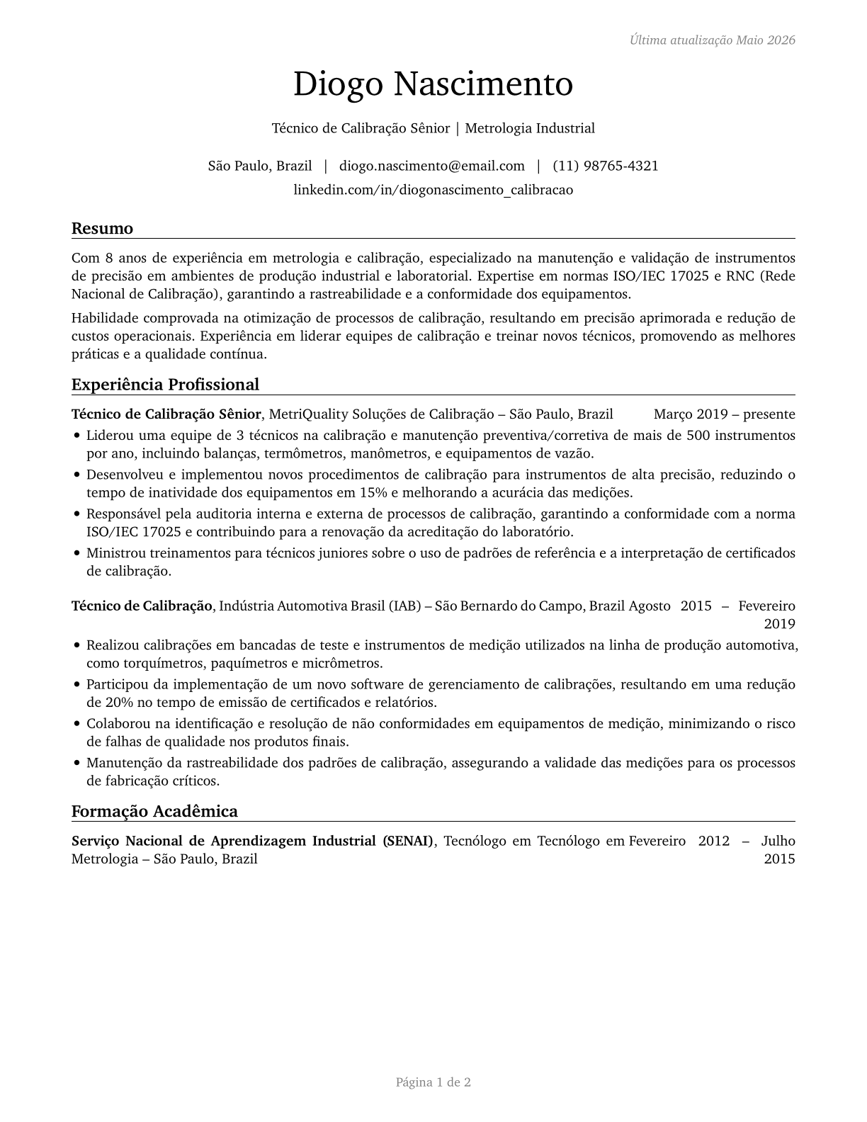 Calibration Technologists and Technicians CV in Portuguese — page 1