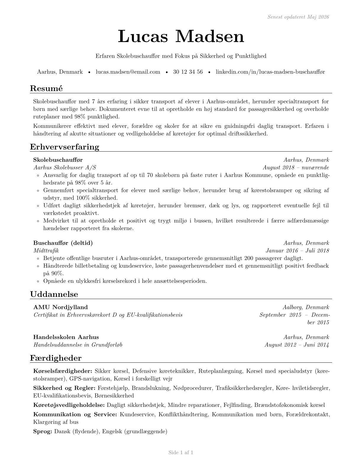 Bus Drivers, School CV in Danish — page 1