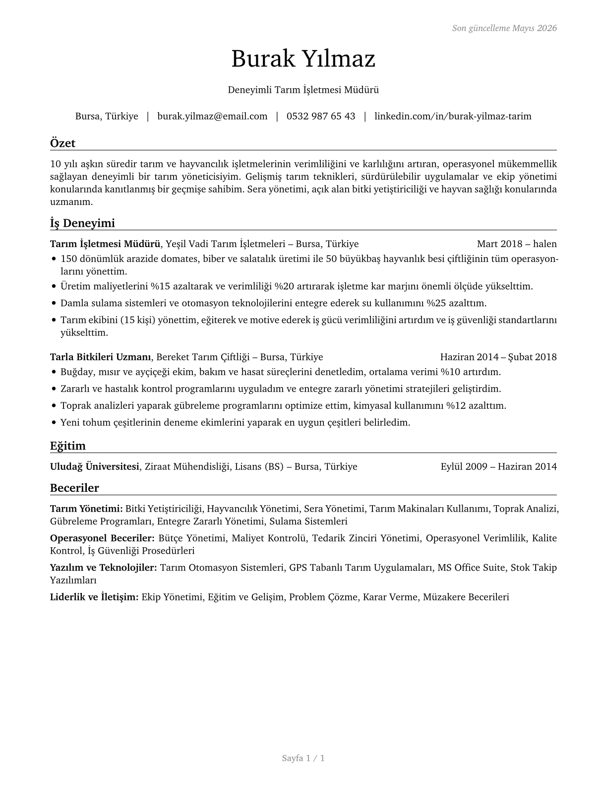 Farmers, Ranchers, and Other Agricultural Managers CV in Turkish — page 1