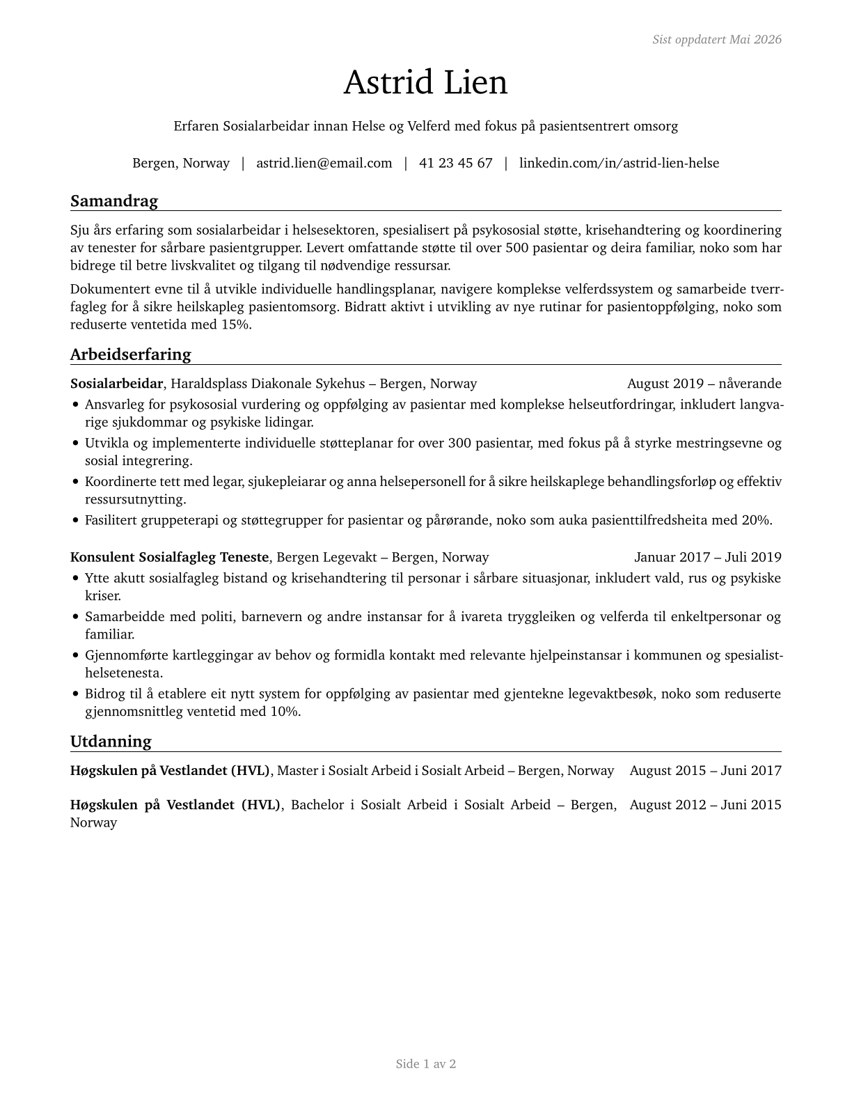 Healthcare Social Workers CV in Norwegian_nynorsk — page 1