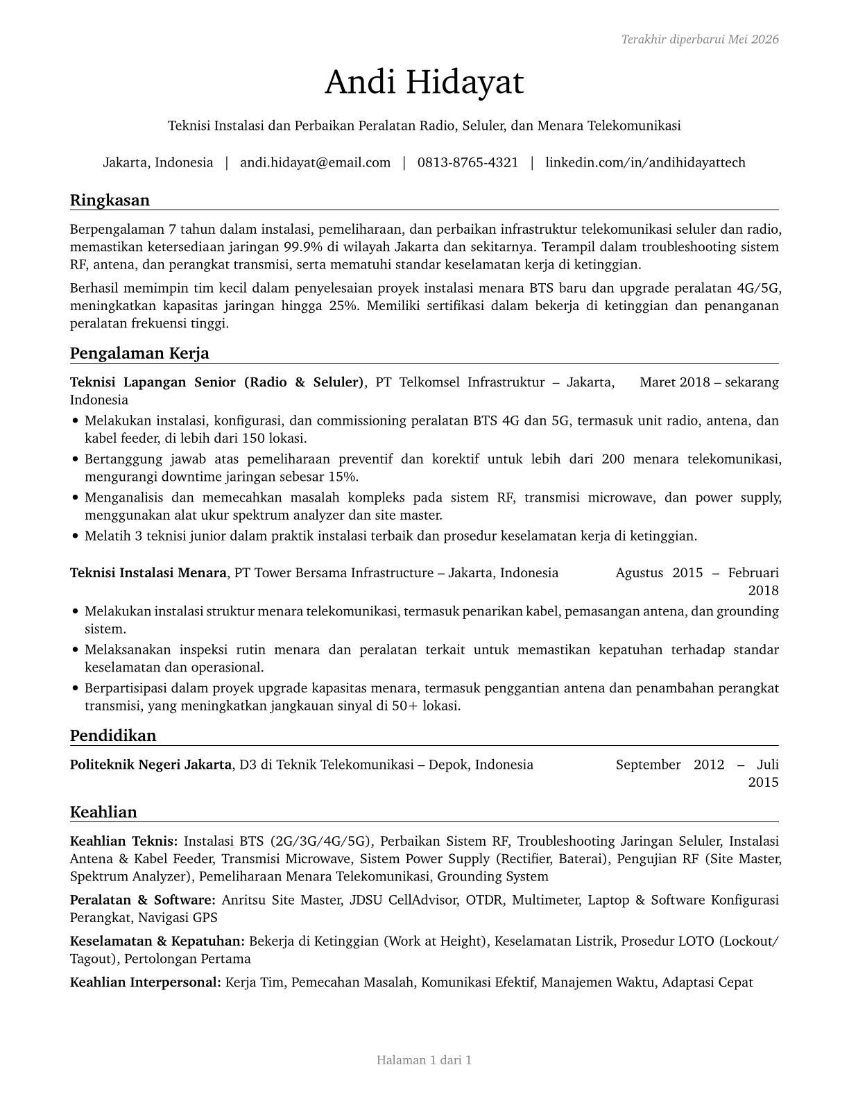 Radio, Cellular, and Tower Equipment Installers and Repairers CV in Indonesian — page 1